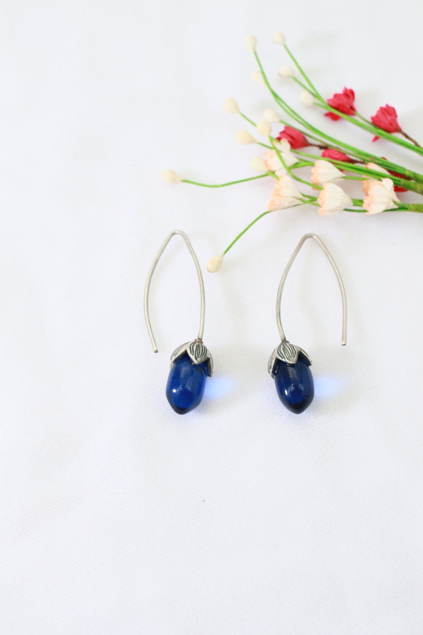 Blue Glass Drop Oxidised German Silver Earrings – Minimal Elegant Design - Maxiblink