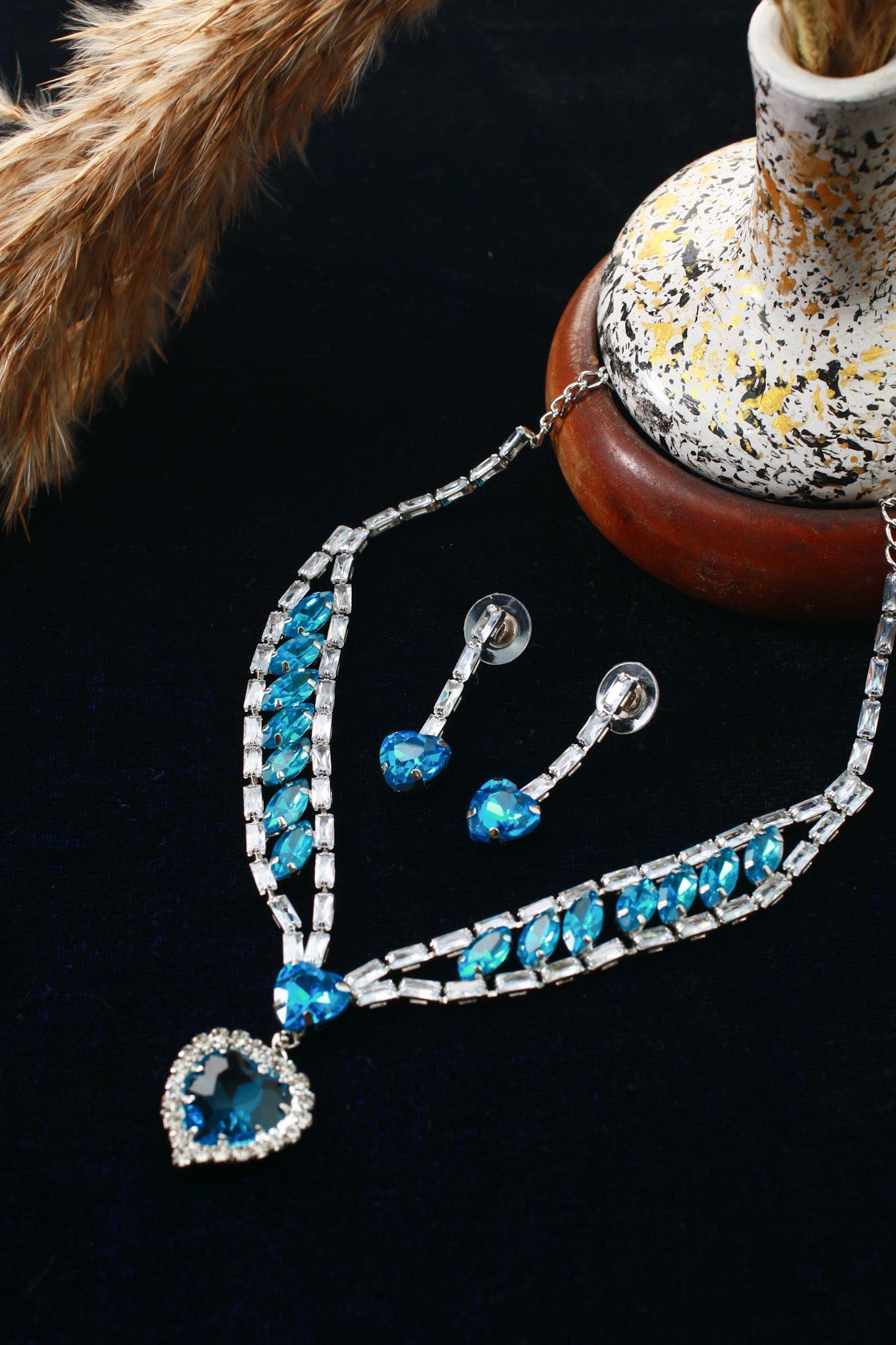 Blue Heart Korean Glass Stone Necklace Set | Luxury Crystal Jewellery - Maxiblink