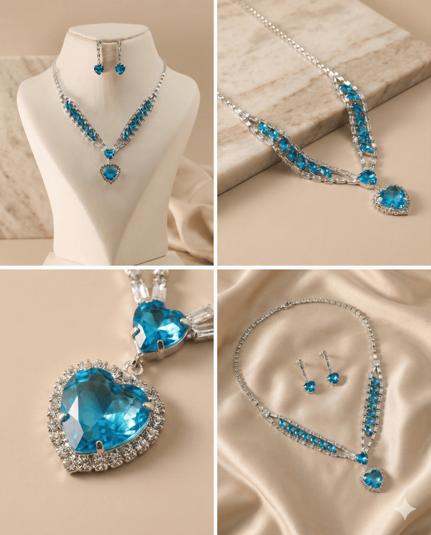 Blue Heart Korean Glass Stone Necklace Set | Luxury Crystal Jewellery - Maxiblink