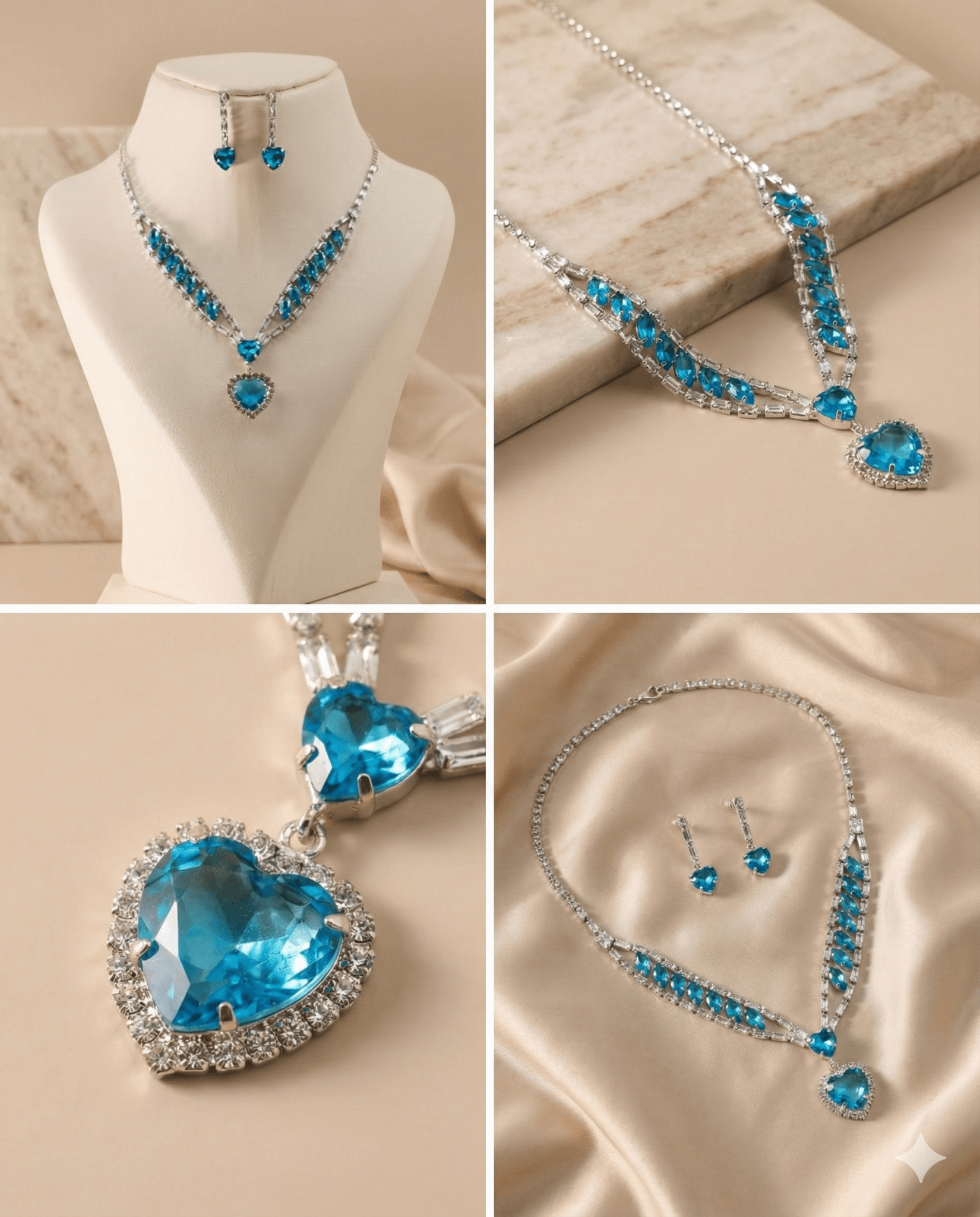 Blue Heart Korean Glass Stone Necklace Set | Luxury Crystal Jewellery - Maxiblink