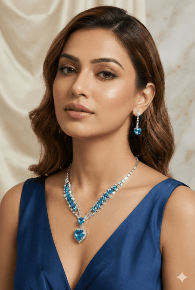 Blue Heart Korean Glass Stone Necklace Set | Luxury Crystal Jewellery - Maxiblink