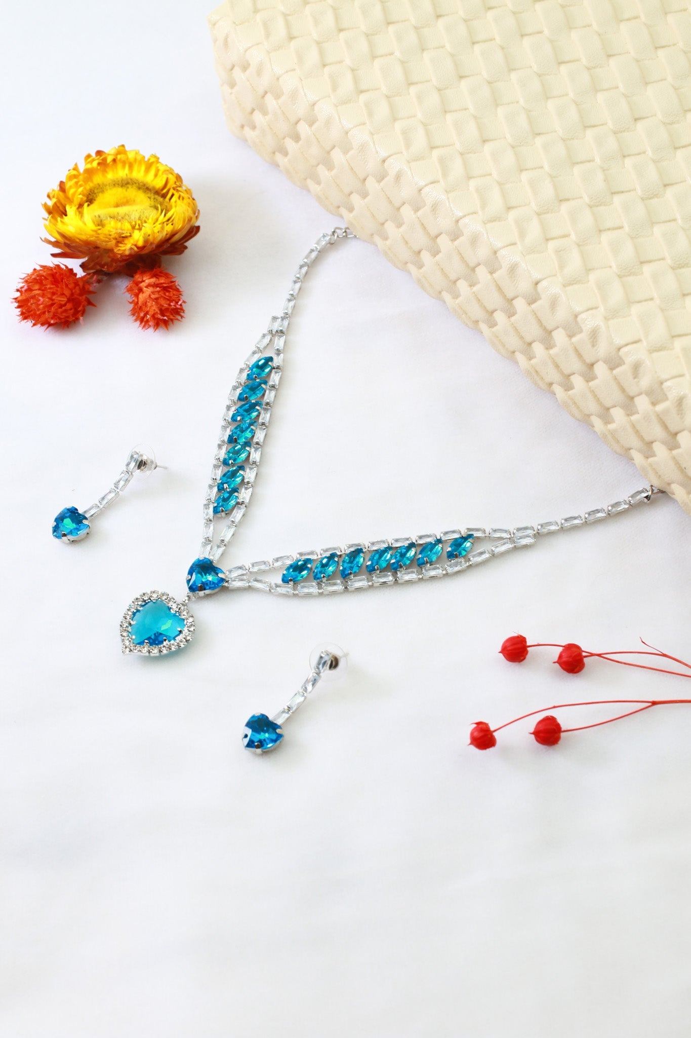Blue Heart Korean Glass Stone Necklace Set | Luxury Crystal Jewellery - Maxiblink