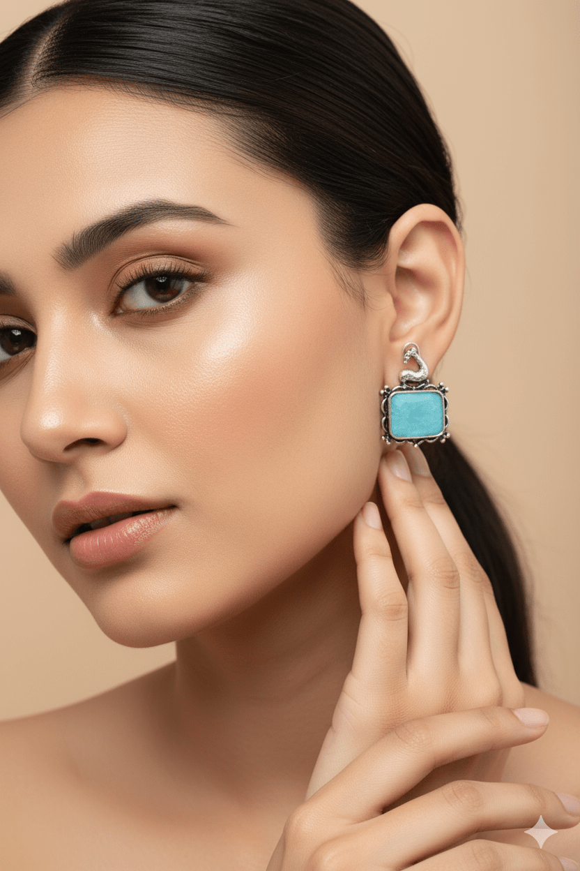 Blue Monalisa Rectangle Oxidised German Silver Earrings with Deer Motif - Maxiblink