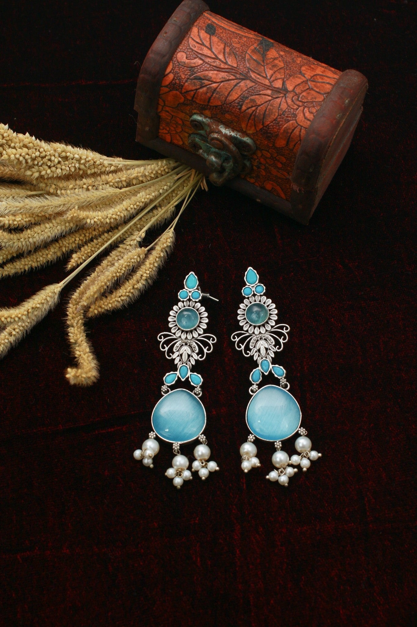 Blue Monalisa Stone German Silver Oxidised Drop Earrings - Maxiblink
