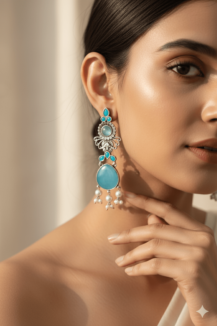 Blue Monalisa Stone German Silver Oxidised Drop Earrings - Maxiblink