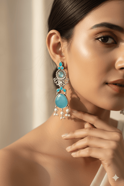 Blue Monalisa Stone German Silver Oxidised Drop Earrings - Maxiblink