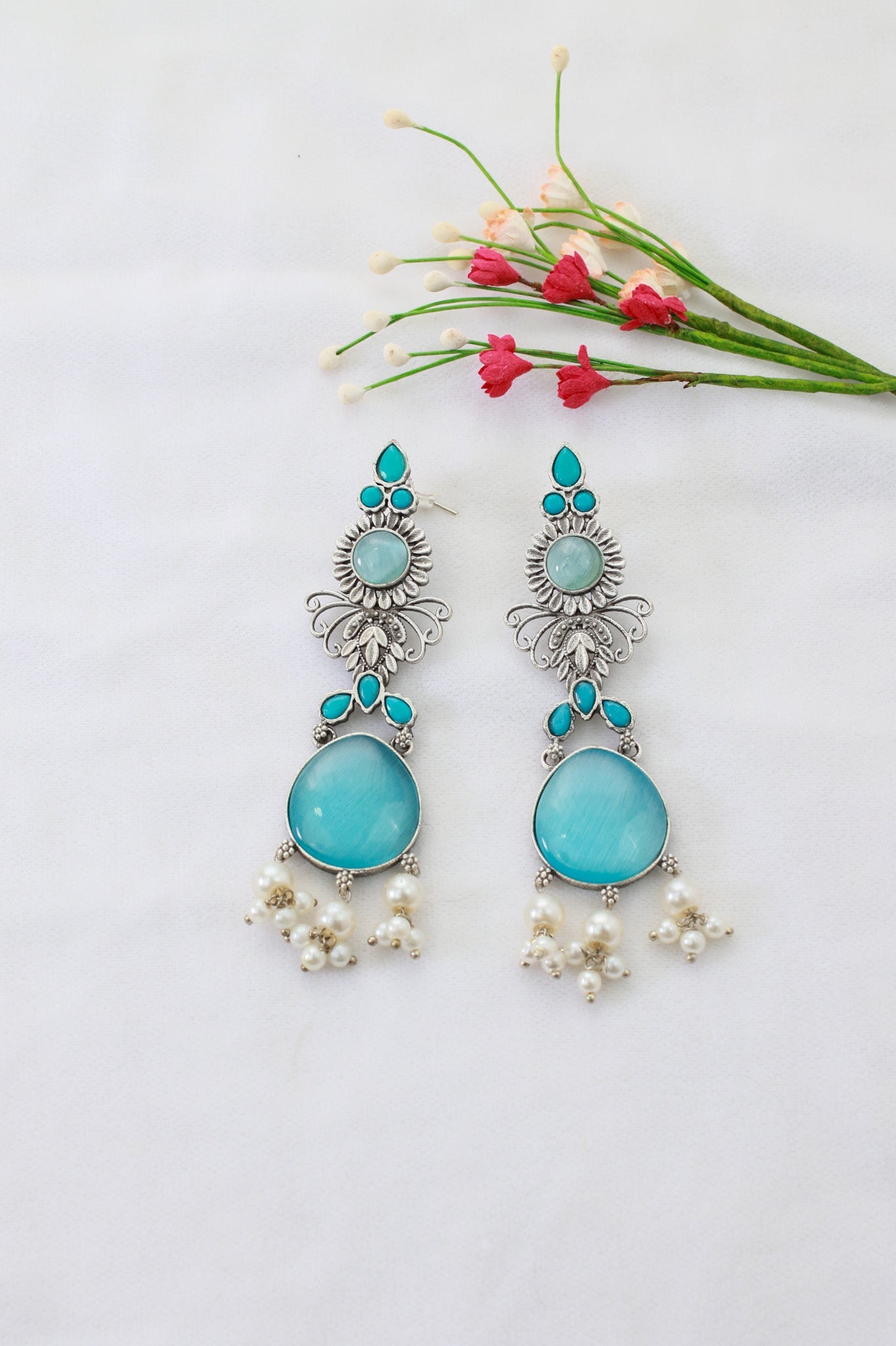 Blue Monalisa Stone German Silver Oxidised Drop Earrings - Maxiblink