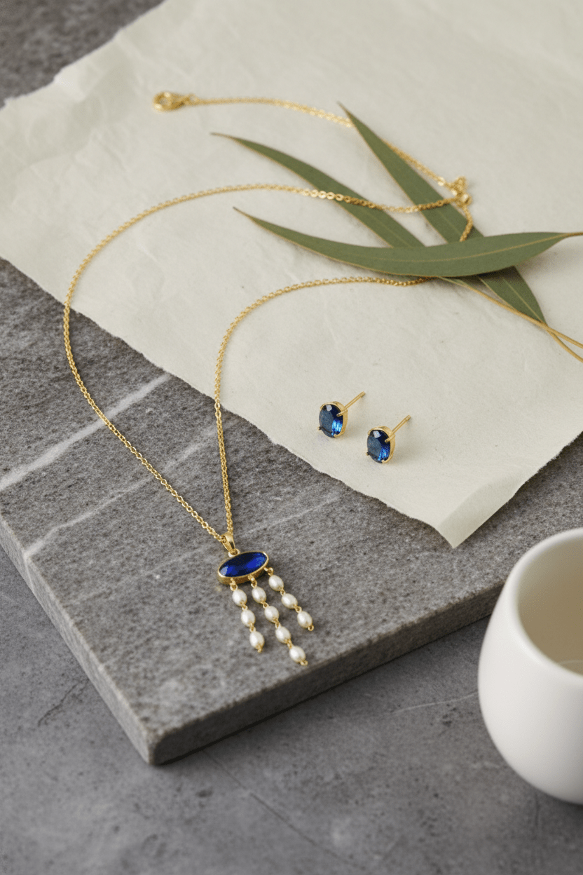Blue Natural Stone Pearl Tassel Pendant Necklace – Gold Plated Brass Elegant Jewelry - Maxiblink