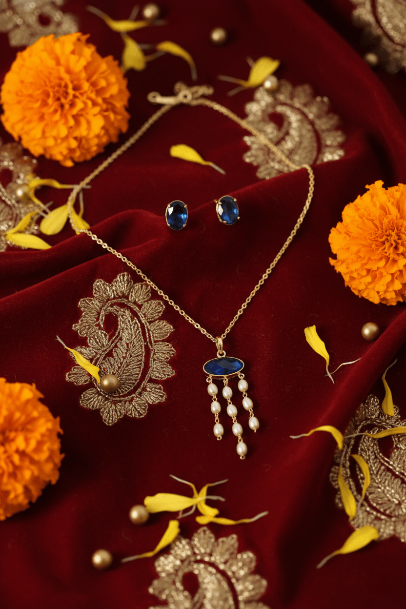 Blue Natural Stone Pearl Tassel Pendant Necklace – Gold Plated Brass Elegant Jewelry - Maxiblink