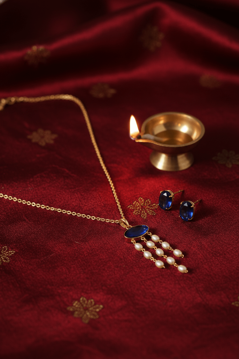 Blue Natural Stone Pearl Tassel Pendant Necklace – Gold Plated Brass Elegant Jewelry - Maxiblink