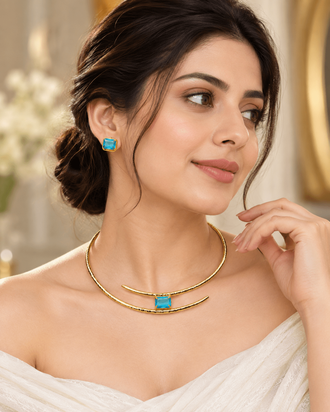 Blue Stone Hammered Gold Open Collar Necklace Set - Maxiblink