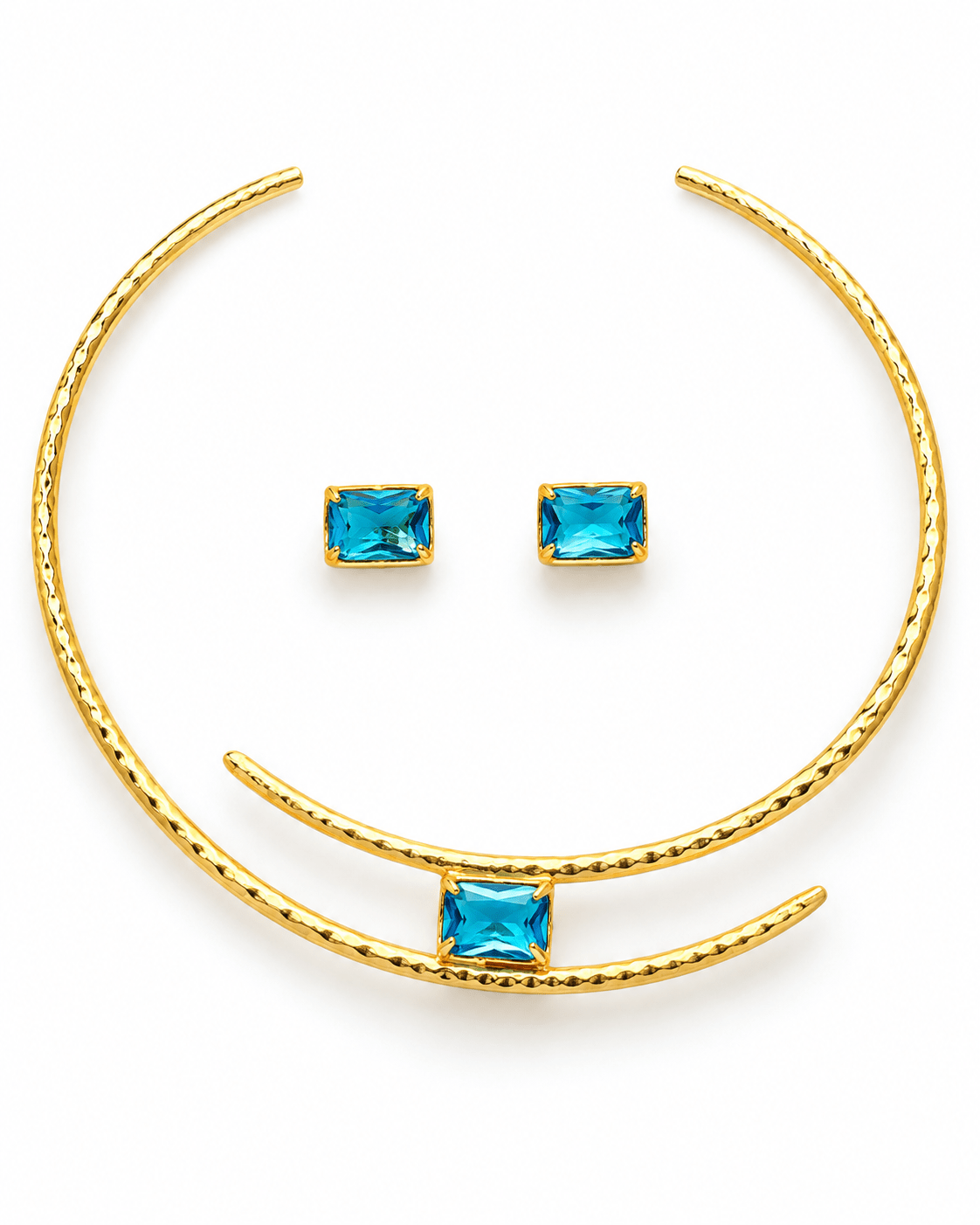 Blue Stone Hammered Gold Open Collar Necklace Set - Maxiblink