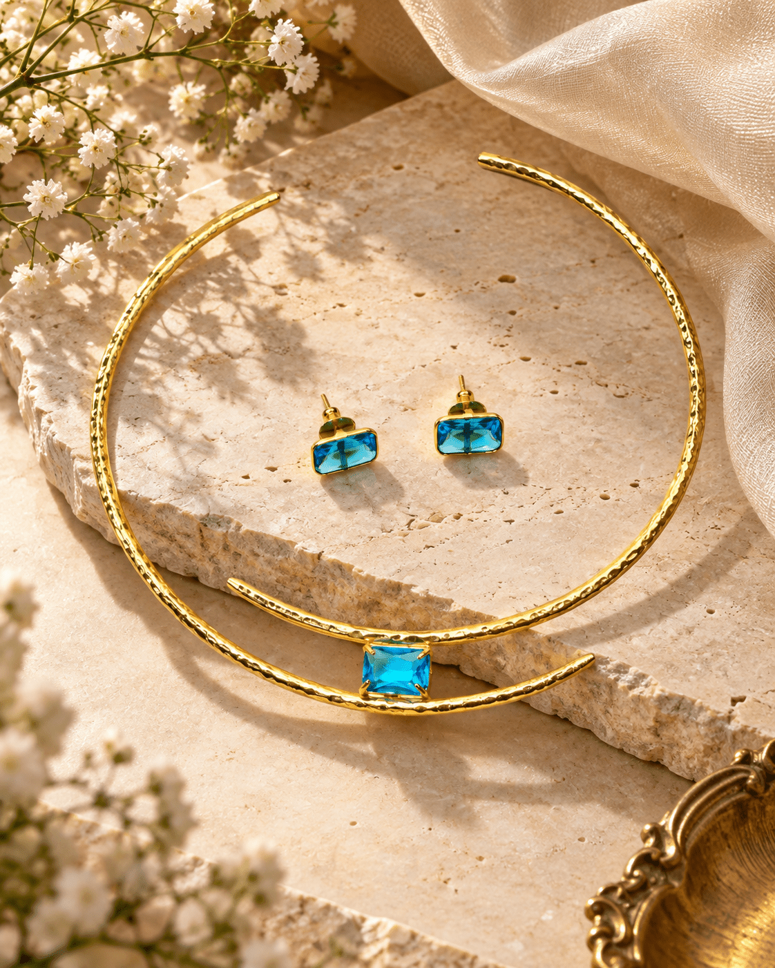 Blue Stone Hammered Gold Open Collar Necklace Set - Maxiblink