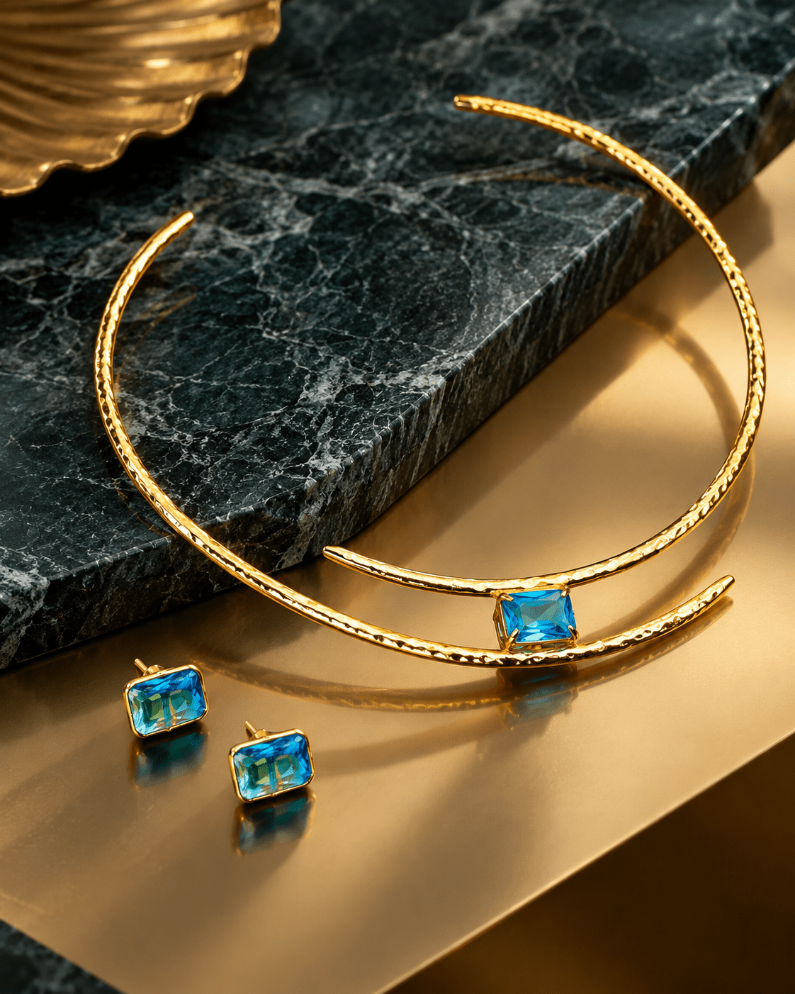 Blue Stone Hammered Gold Open Collar Necklace Set - Maxiblink