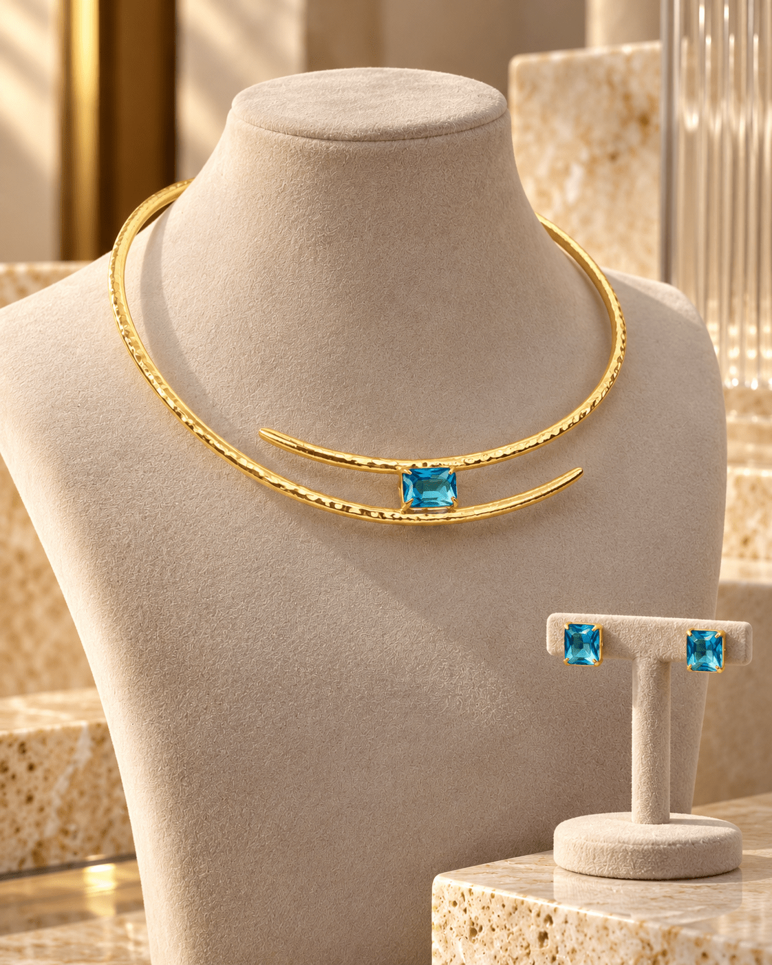 Blue Stone Hammered Gold Open Collar Necklace Set - Maxiblink
