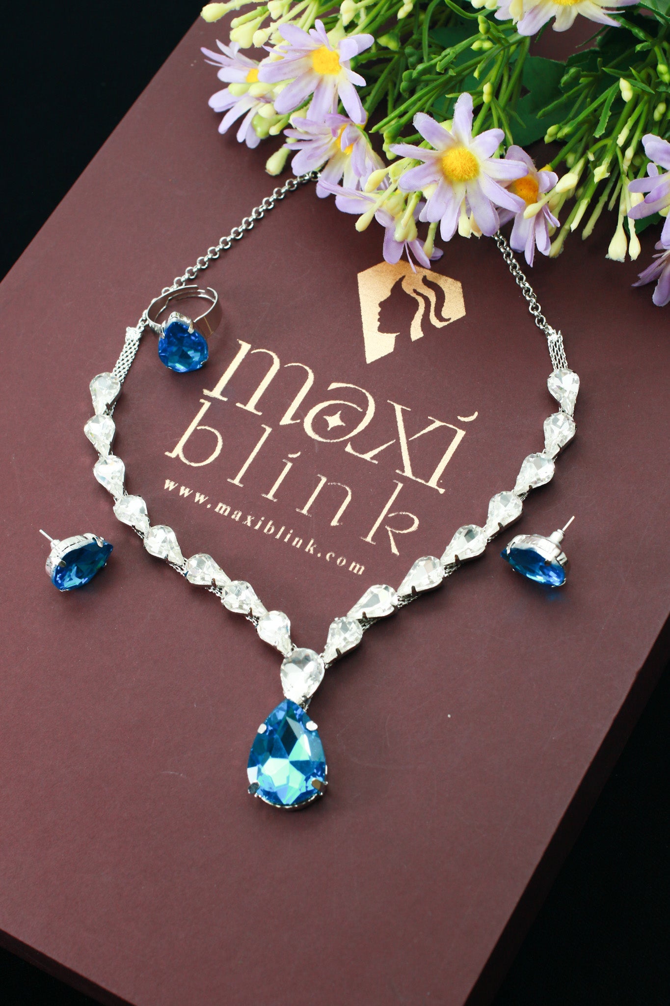 Blue Teardrop Korean Glass Stone Necklace Set | Luxury Crystal Jewellery - Maxiblink