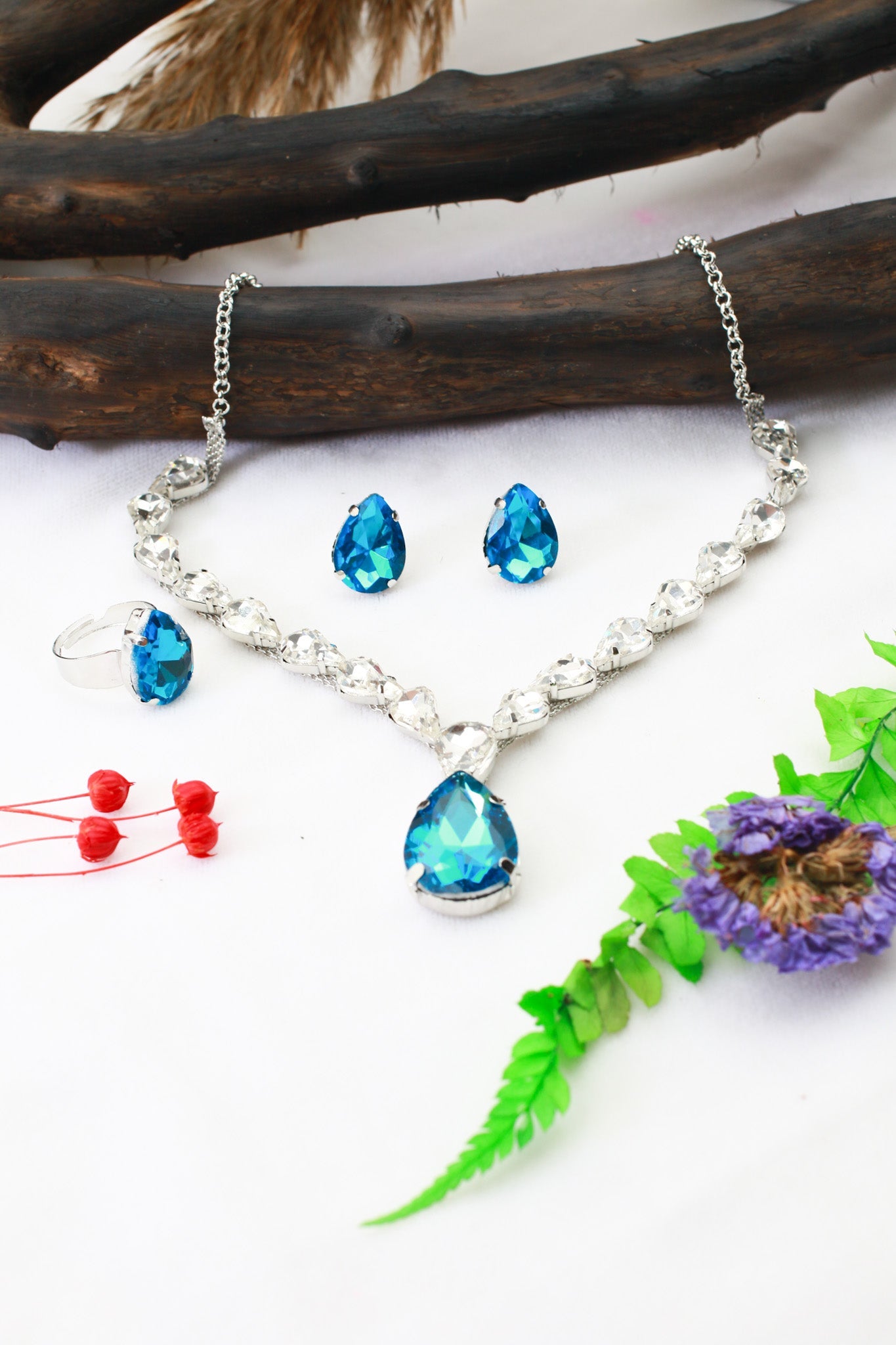 Blue Teardrop Korean Glass Stone Necklace Set | Luxury Crystal Jewellery - Maxiblink