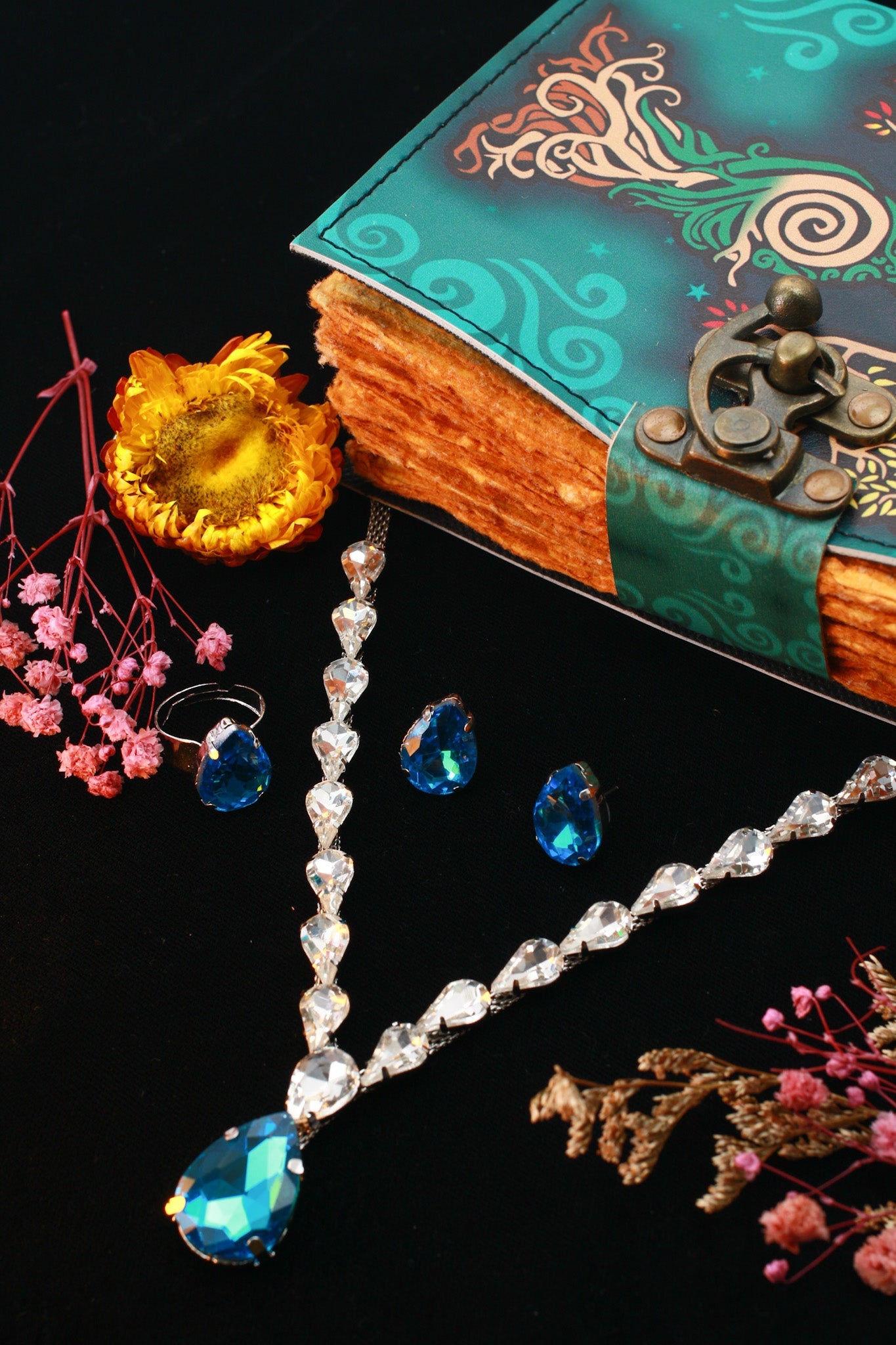 Blue Teardrop Korean Glass Stone Necklace Set | Luxury Crystal Jewellery - Maxiblink