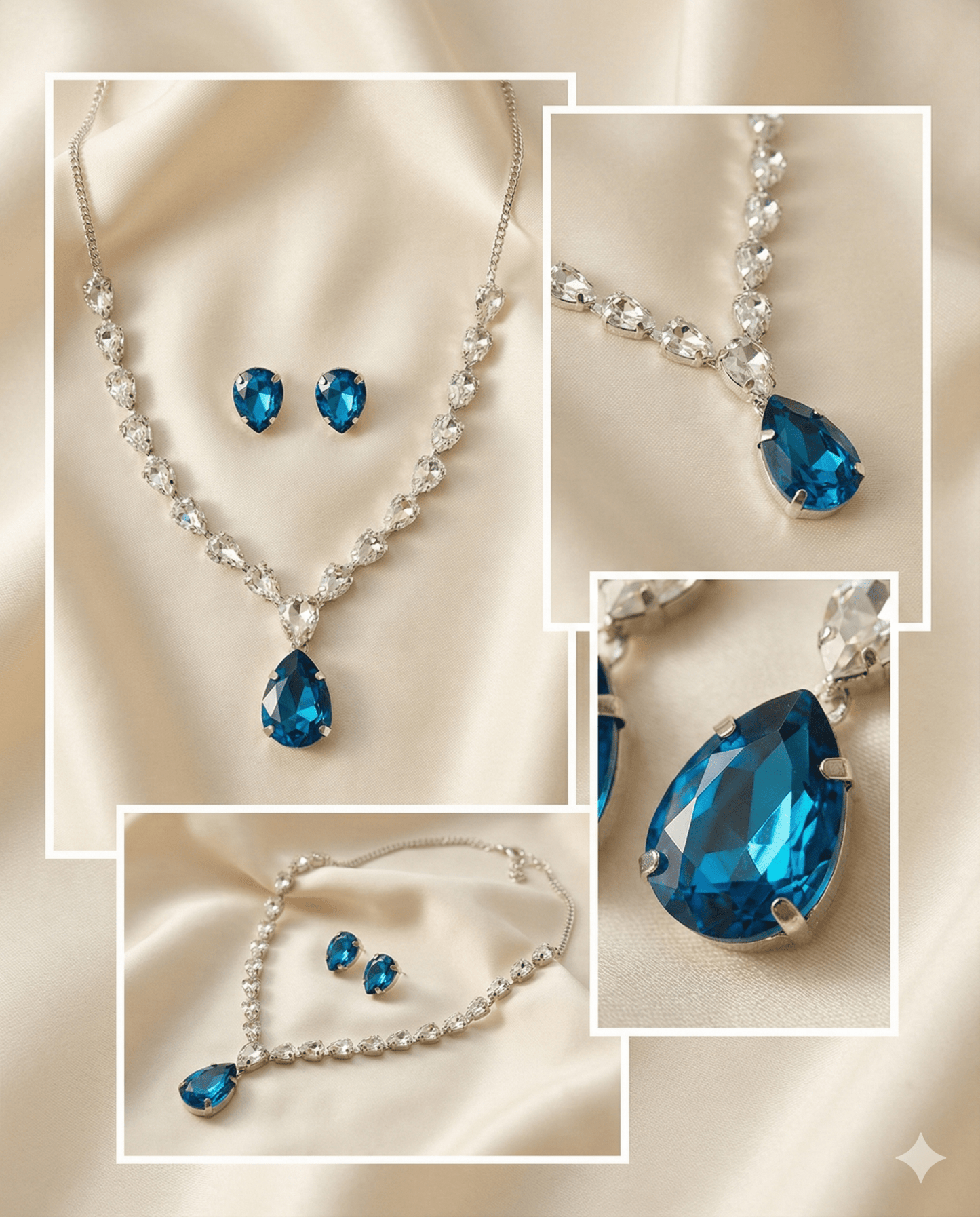 Blue Teardrop Korean Glass Stone Necklace Set | Luxury Crystal Jewellery - Maxiblink