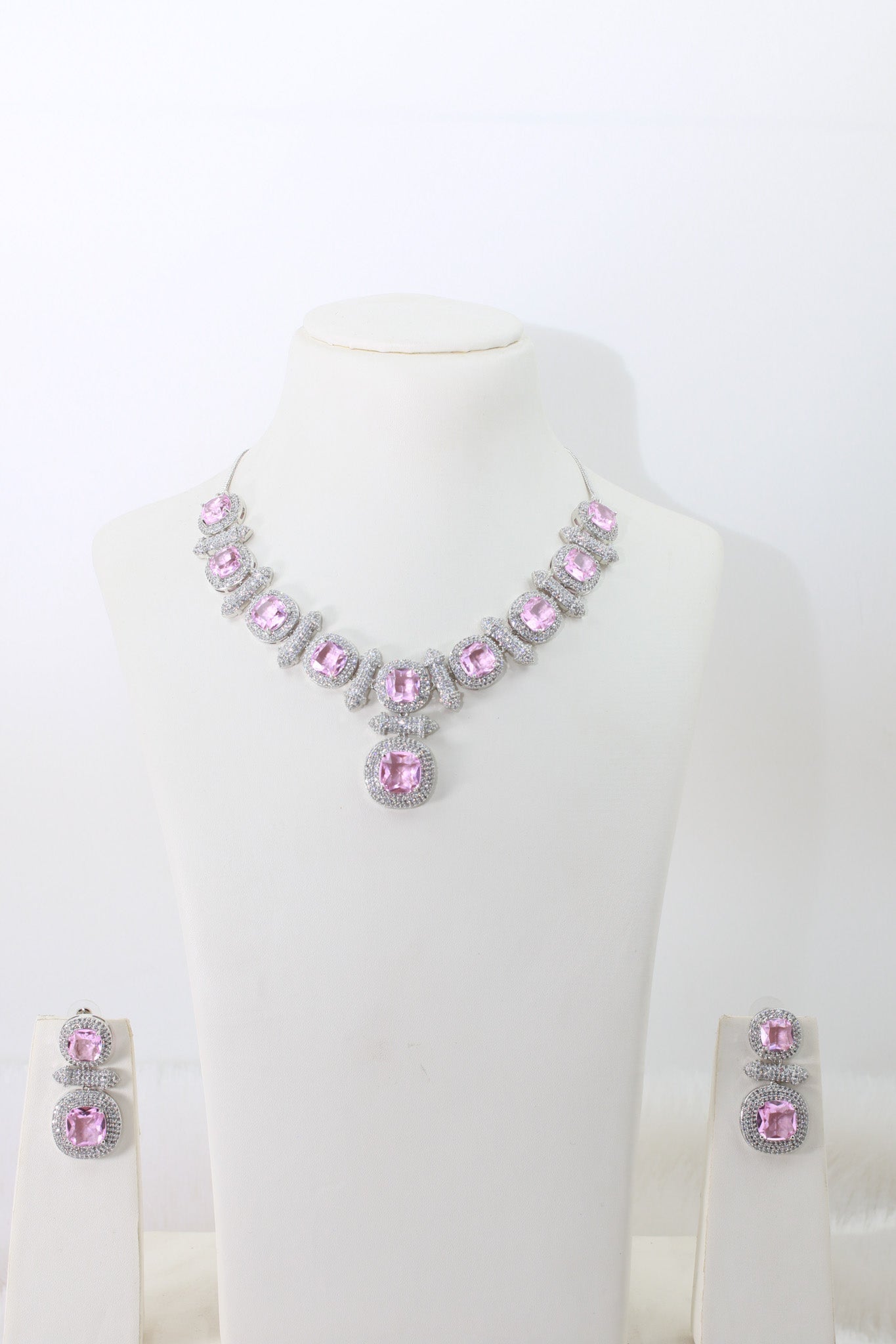 Blush Pink Cushion Cut Necklace Set with Crystal Halo | Elegant Bridal Jewellery - Maxiblink
