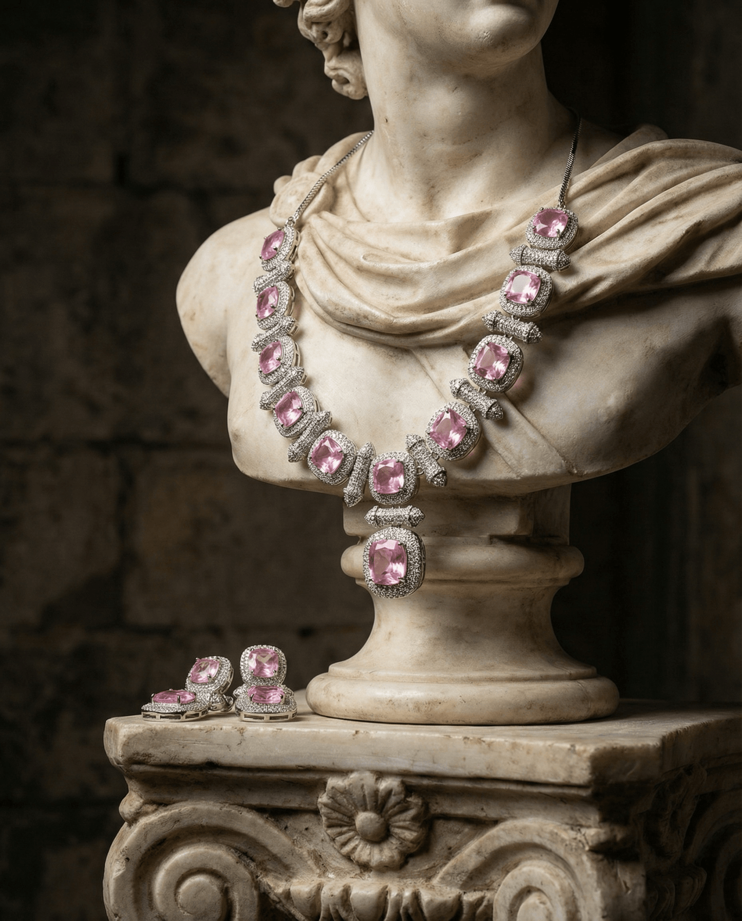 Blush Pink Cushion Cut Necklace Set with Crystal Halo | Elegant Bridal Jewellery - Maxiblink