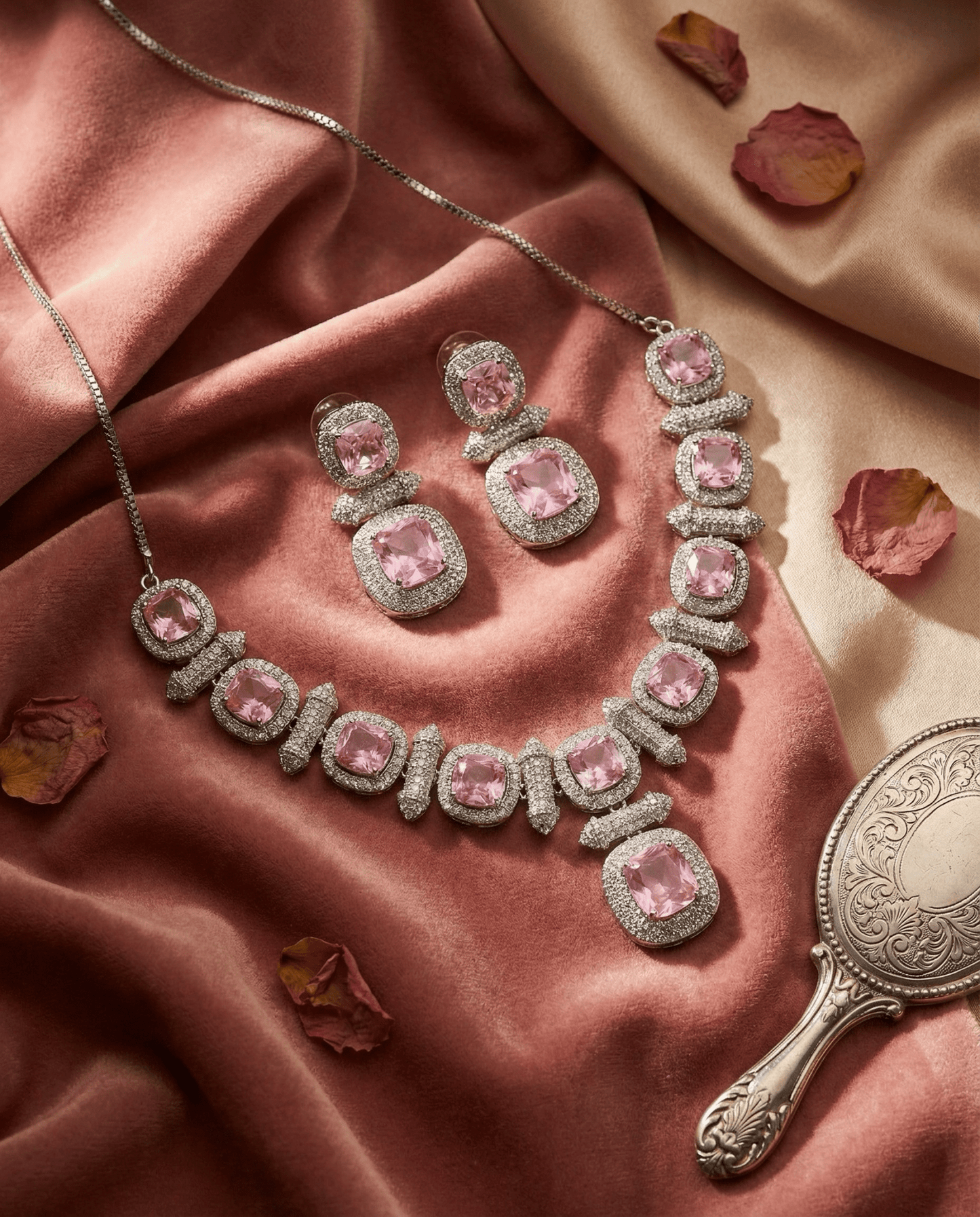 Blush Pink Cushion Cut Necklace Set with Crystal Halo | Elegant Bridal Jewellery - Maxiblink