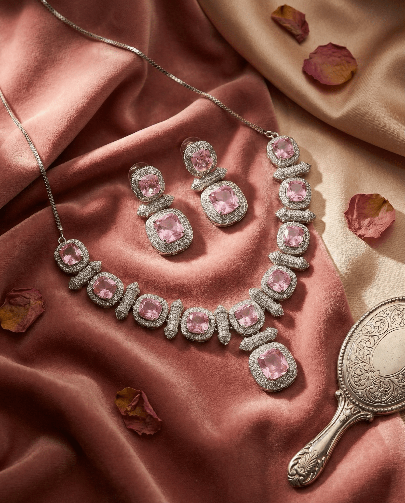 Blush Pink Cushion Cut Necklace Set with Crystal Halo | Elegant Bridal Jewellery - Maxiblink
