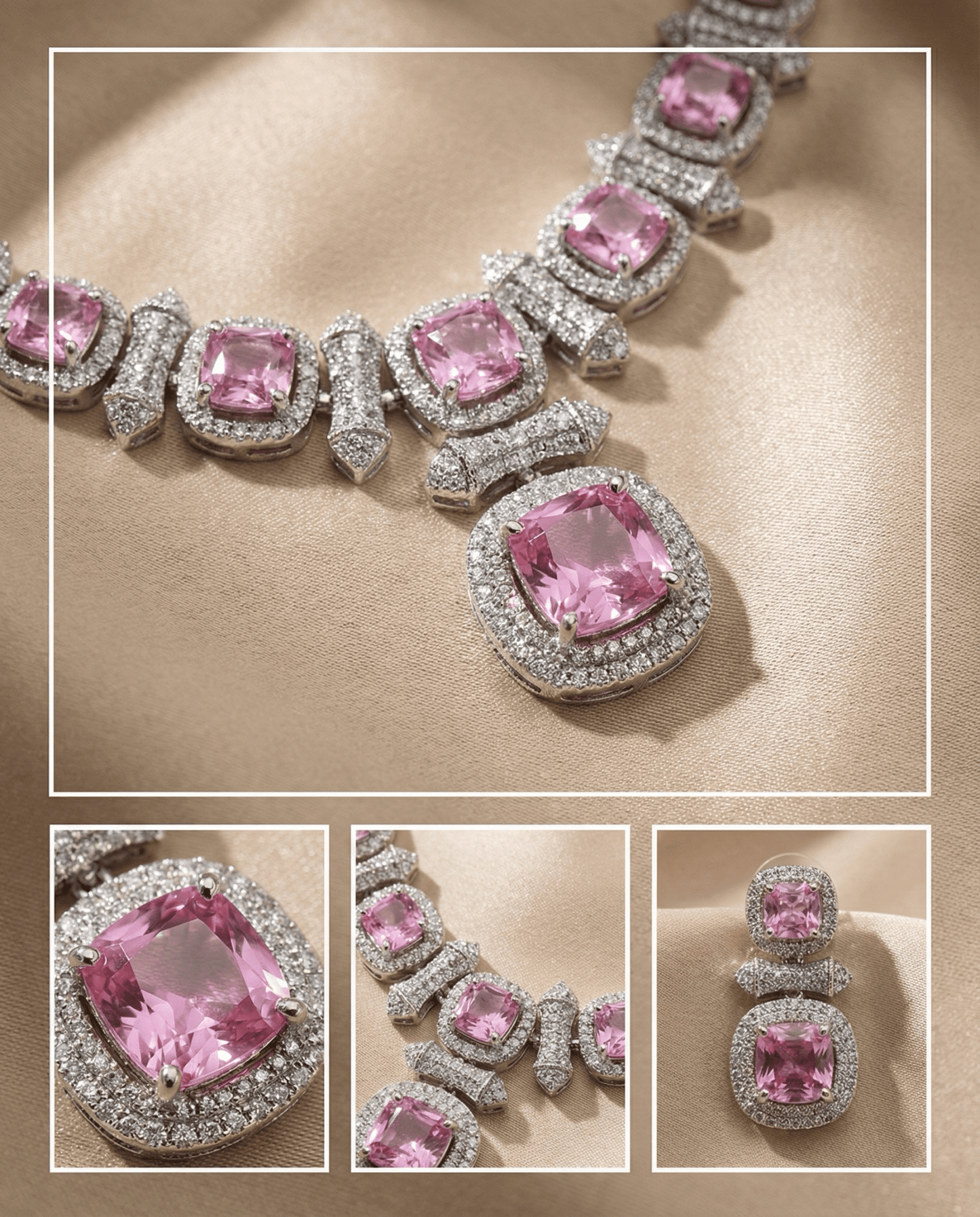 Blush Pink Cushion Cut Necklace Set with Crystal Halo | Elegant Bridal Jewellery - Maxiblink