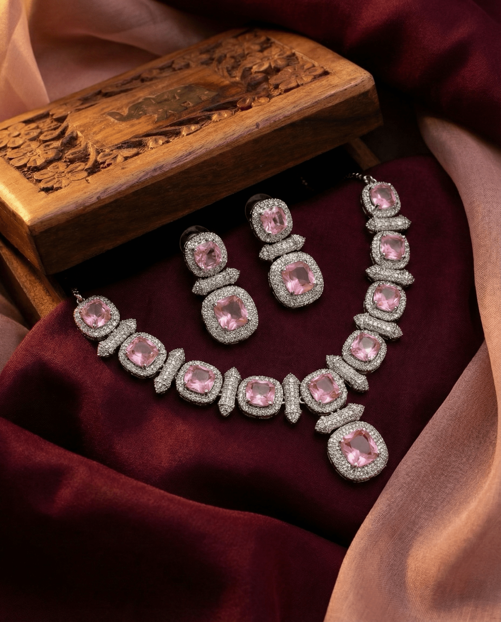 Blush Pink Cushion Cut Necklace Set with Crystal Halo | Elegant Bridal Jewellery - Maxiblink
