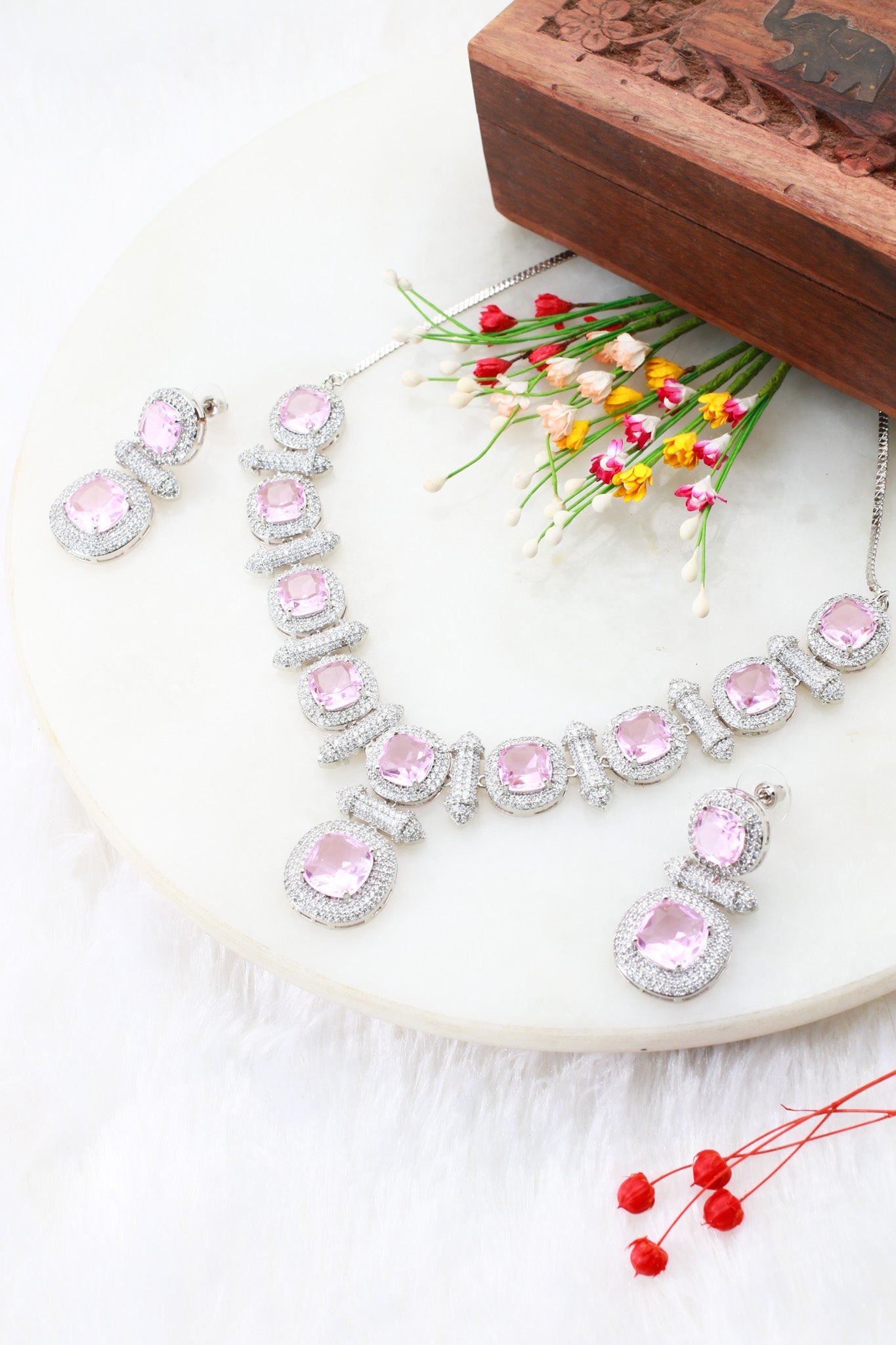 Blush Pink Cushion Cut Necklace Set with Crystal Halo | Elegant Bridal Jewellery - Maxiblink