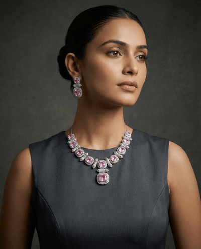 Blush Pink Cushion Cut Necklace Set with Crystal Halo | Elegant Bridal Jewellery - Maxiblink