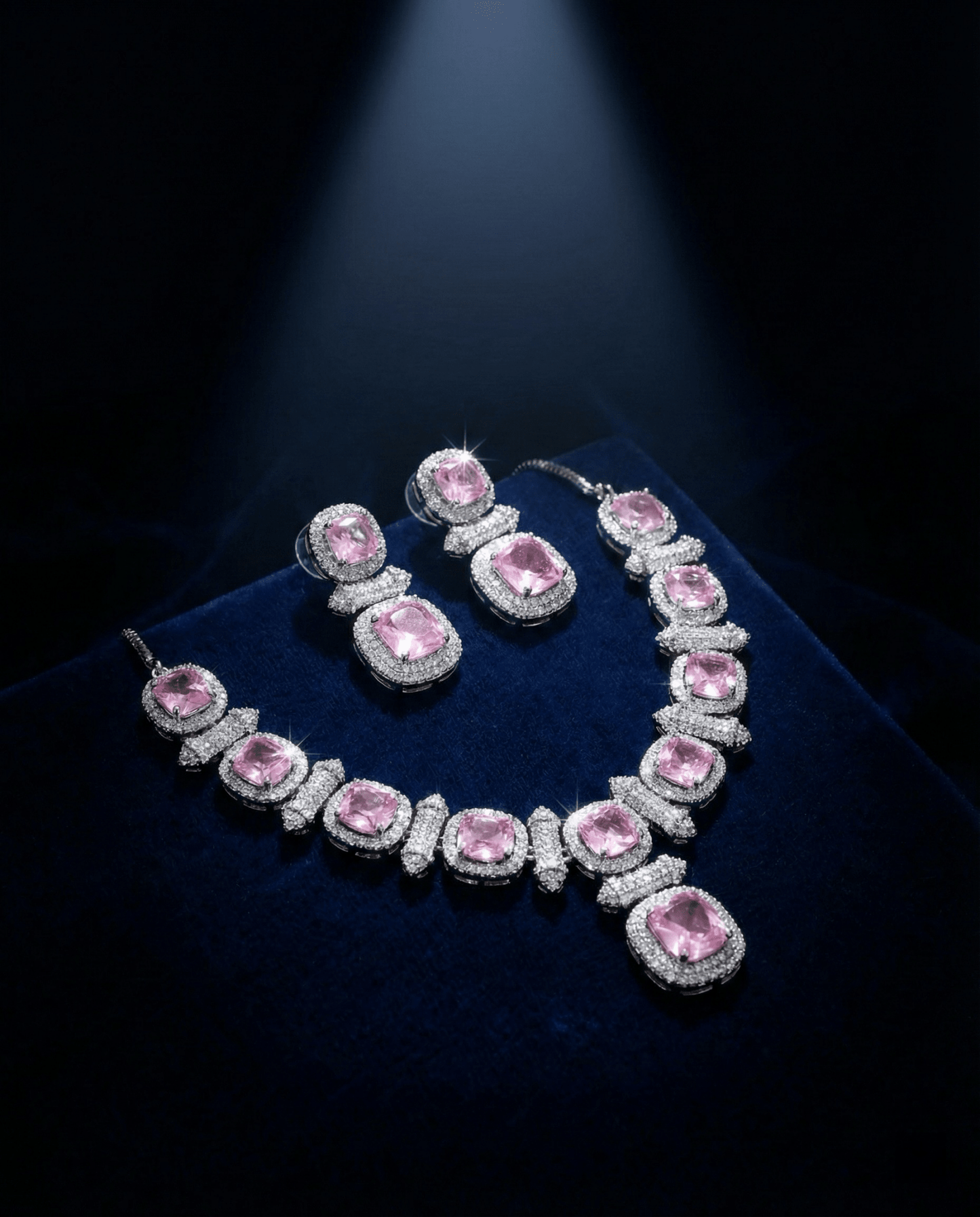 Blush Pink Cushion Cut Necklace Set with Crystal Halo | Elegant Bridal Jewellery - Maxiblink