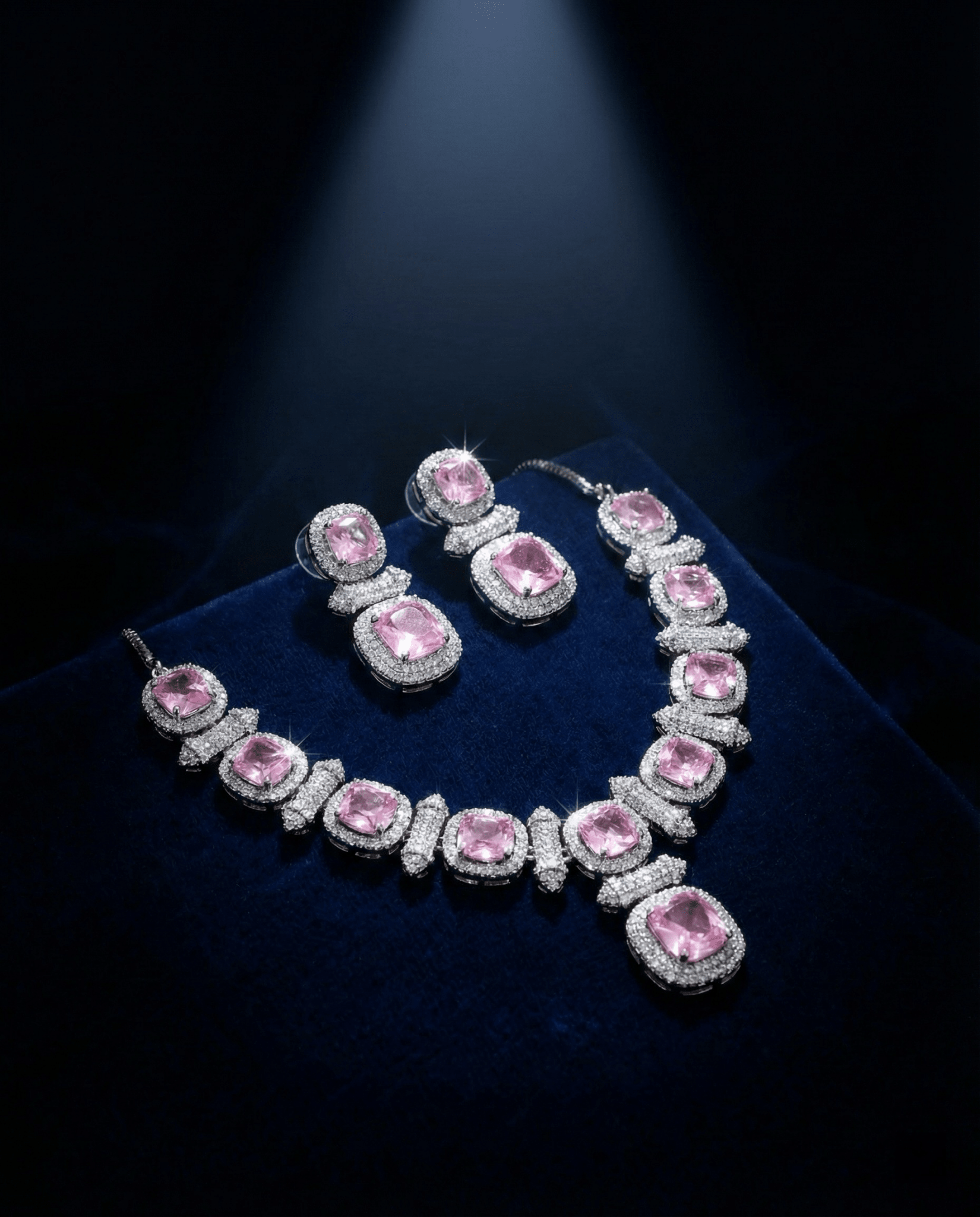 Blush Pink Cushion Cut Necklace Set with Crystal Halo | Elegant Bridal Jewellery - Maxiblink