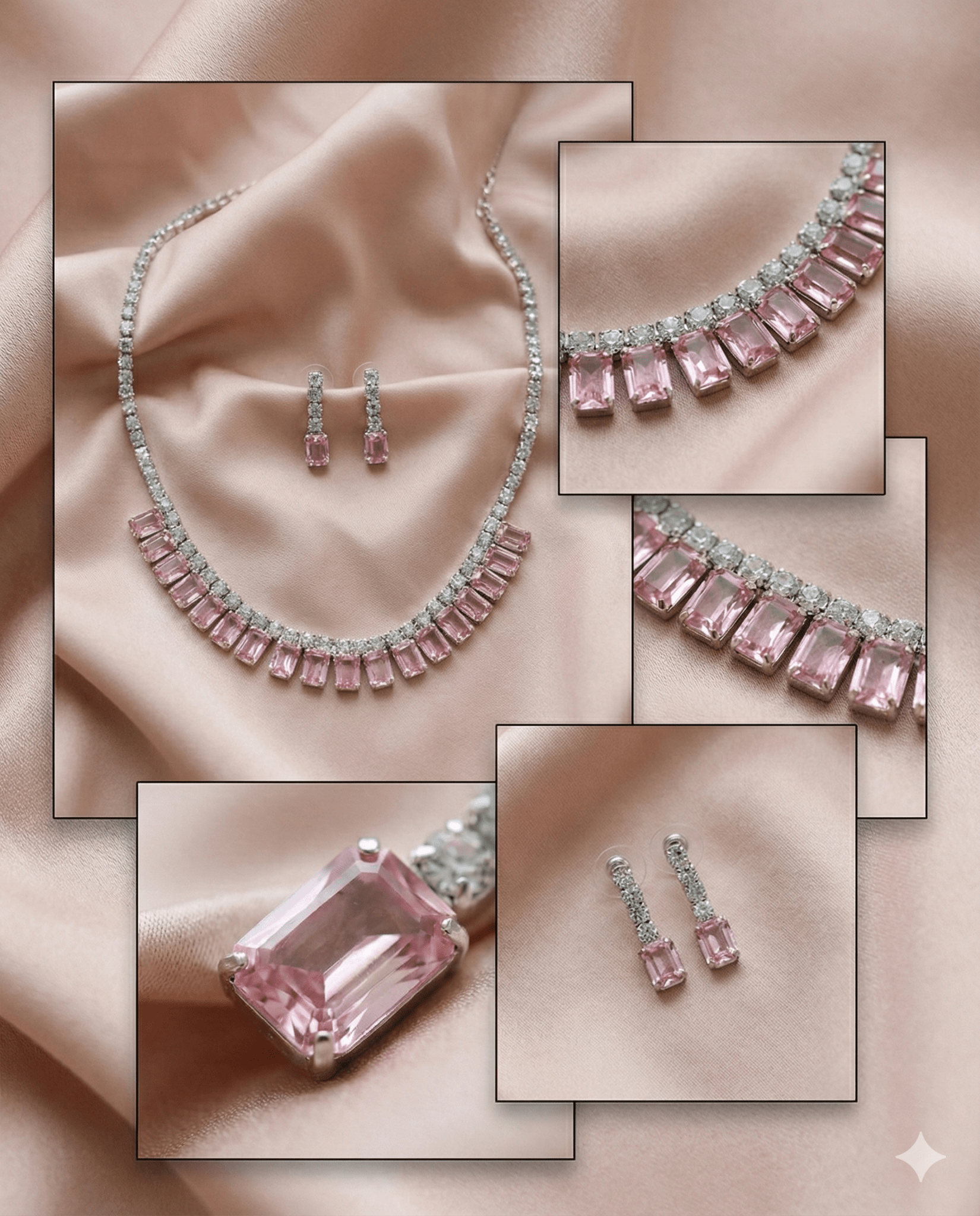 Blush Pink Emerald - Cut Korean Glass Stone Necklace & Earring Set - Maxiblink
