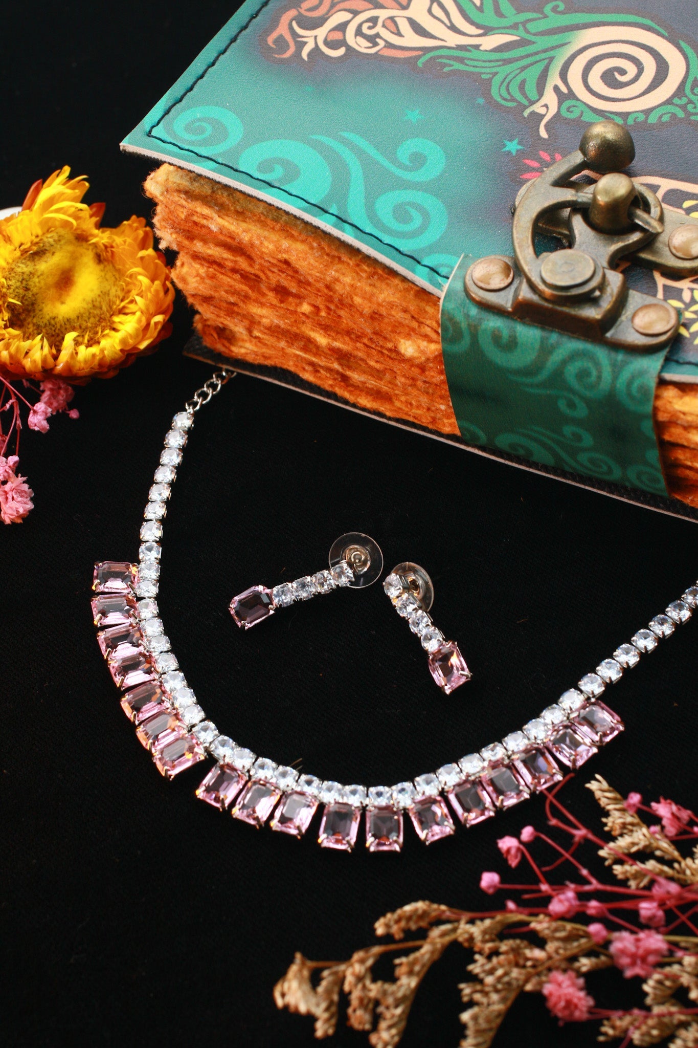 Blush Pink Emerald - Cut Korean Glass Stone Necklace & Earring Set - Maxiblink