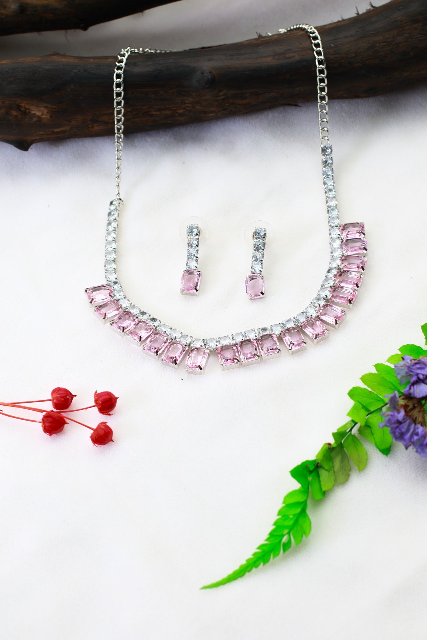 Blush Pink Emerald - Cut Korean Glass Stone Necklace & Earring Set - Maxiblink