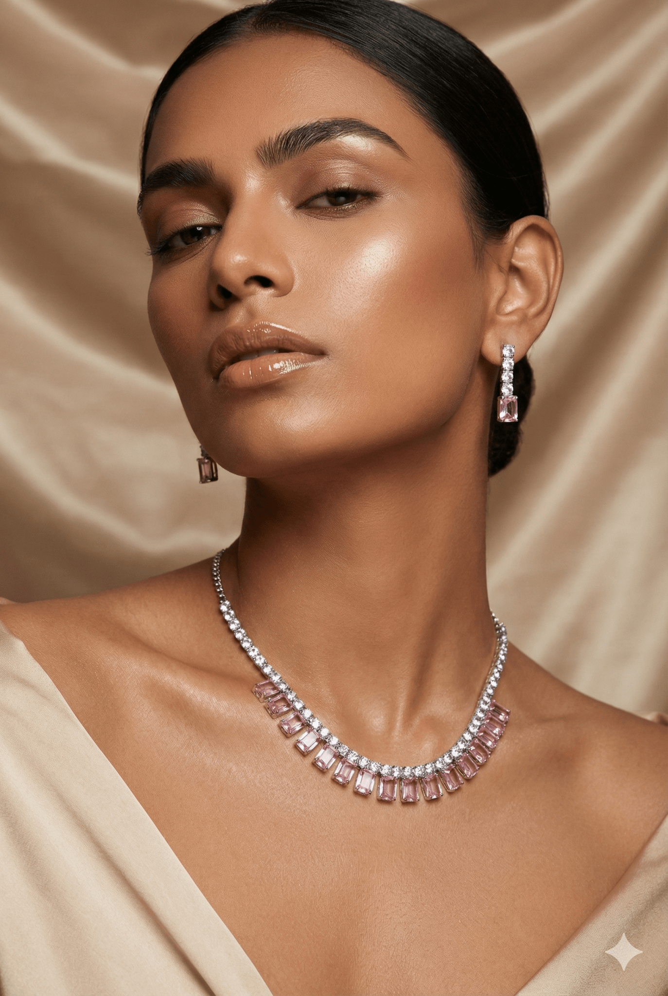 Blush Pink Emerald - Cut Korean Glass Stone Necklace & Earring Set - Maxiblink