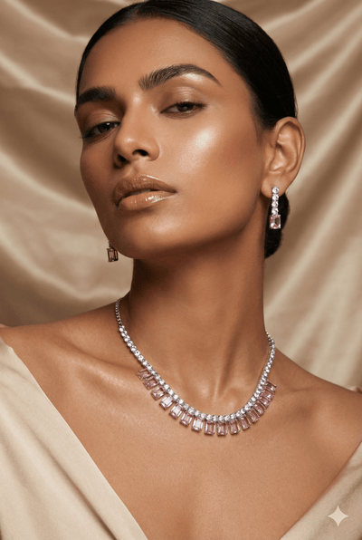 Blush Pink Emerald - Cut Korean Glass Stone Necklace & Earring Set - Maxiblink