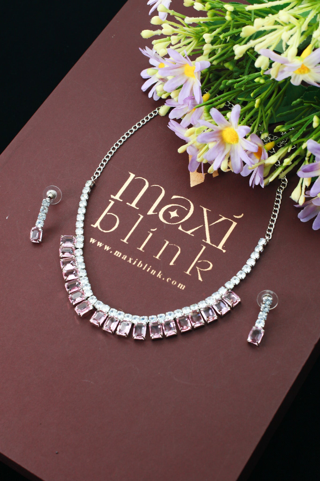Blush Pink Emerald - Cut Korean Glass Stone Necklace & Earring Set - Maxiblink