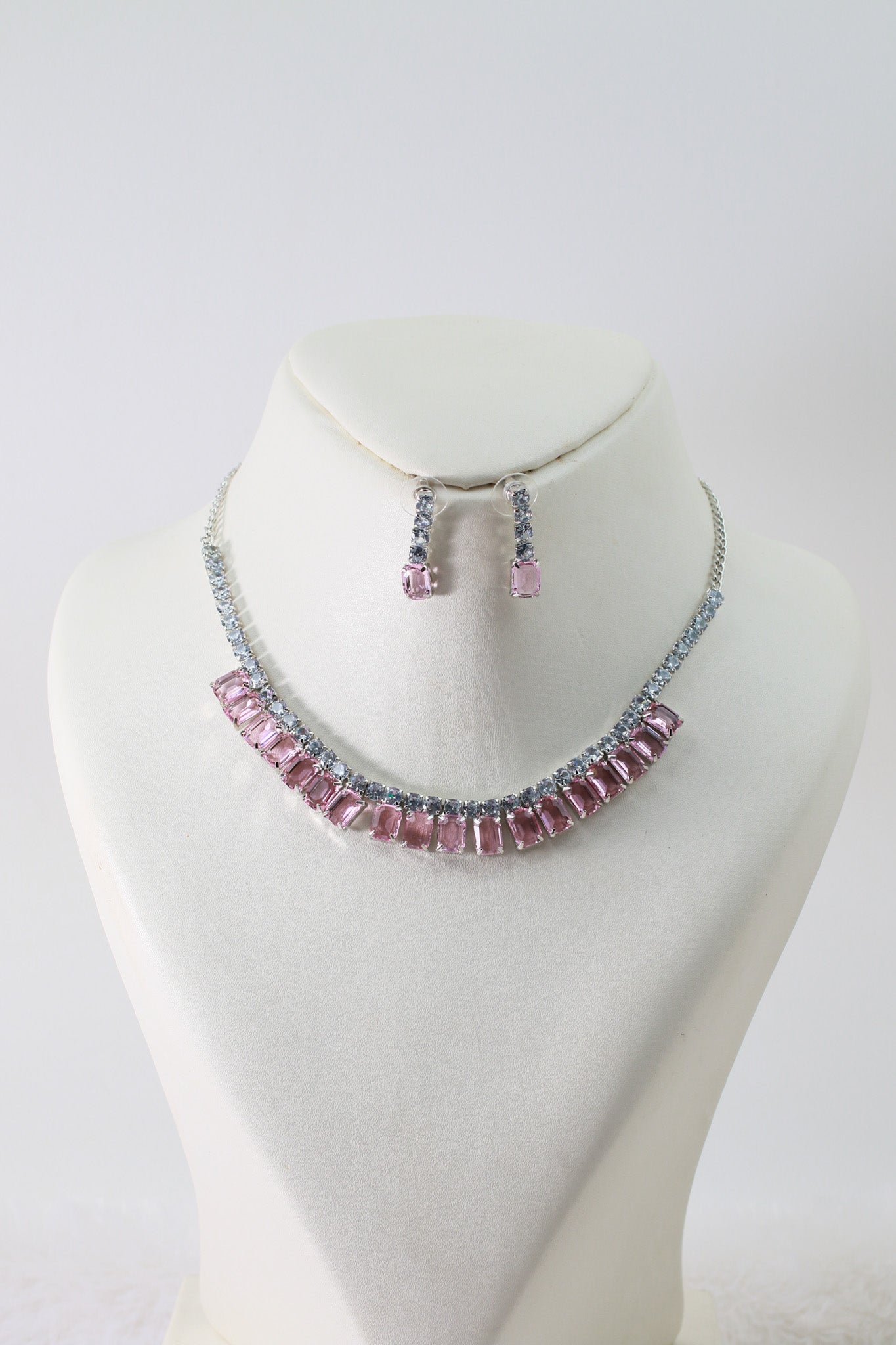 Blush Pink Emerald - Cut Korean Glass Stone Necklace & Earring Set - Maxiblink