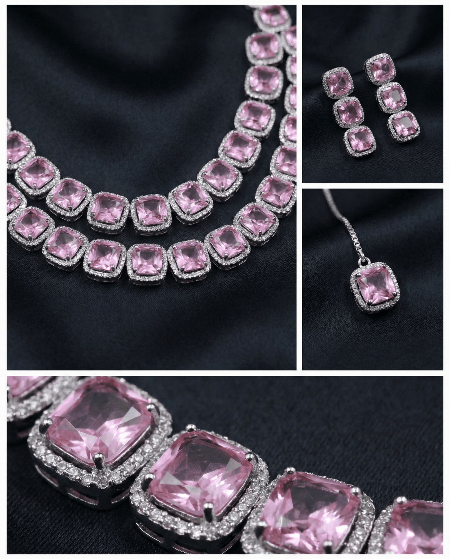 Blush Pink Long Cushion Cut Necklace Set | Luxury Layered Party Jewellery - Maxiblink