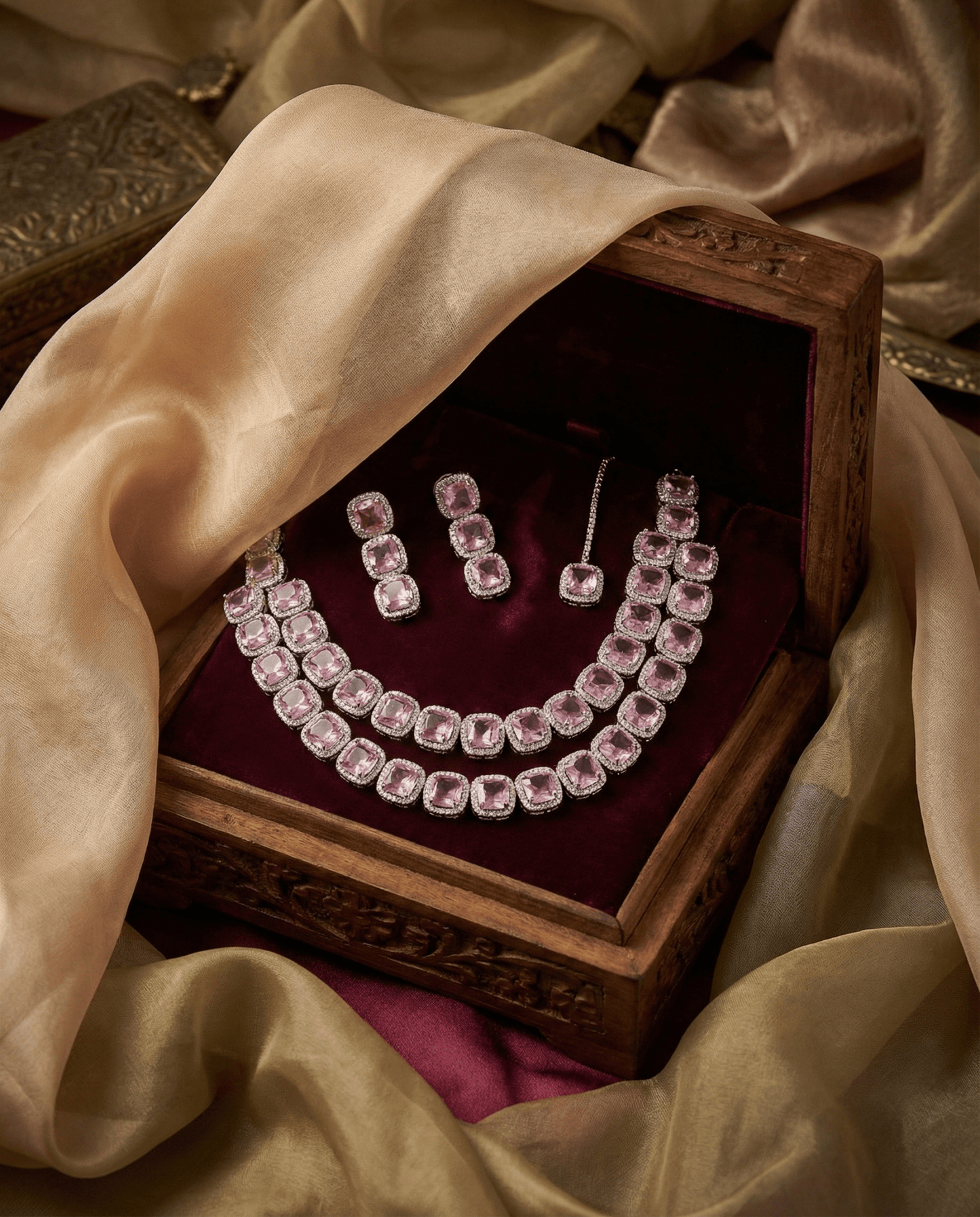 Blush Pink Long Cushion Cut Necklace Set | Luxury Layered Party Jewellery - Maxiblink