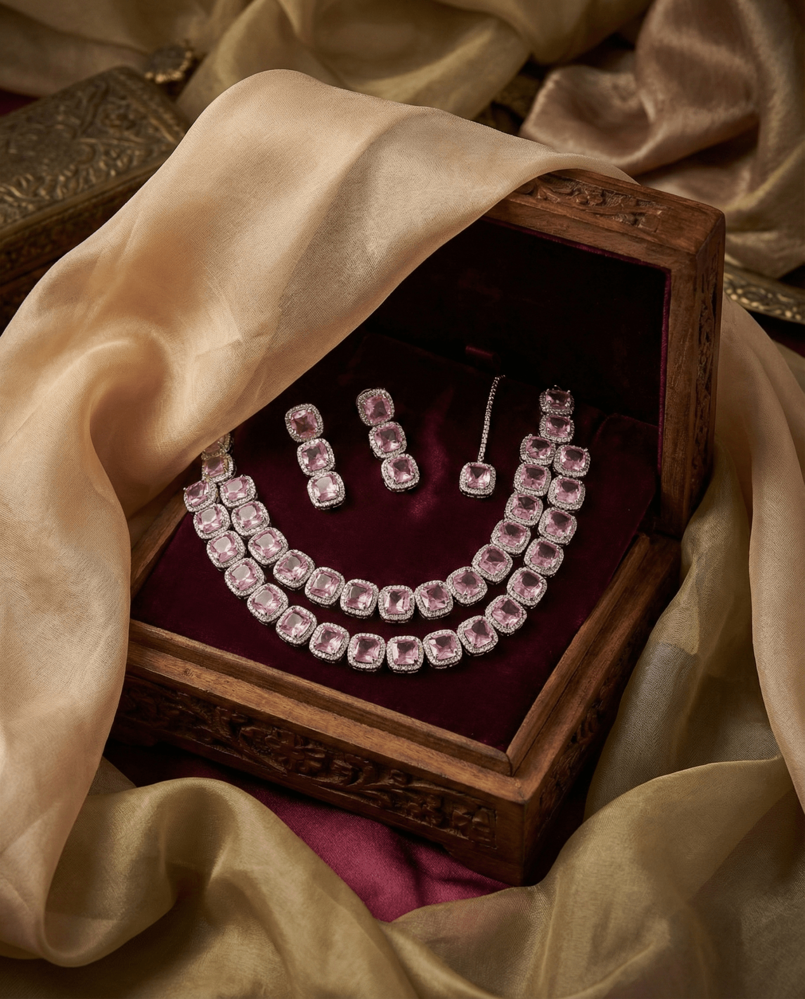 Blush Pink Long Cushion Cut Necklace Set | Luxury Layered Party Jewellery - Maxiblink