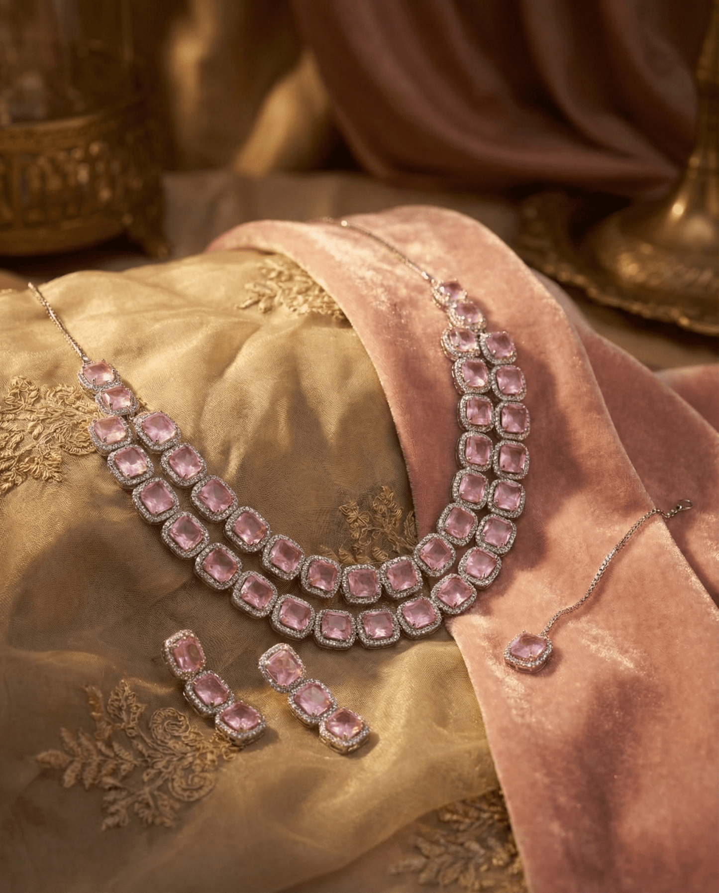Blush Pink Long Cushion Cut Necklace Set | Luxury Layered Party Jewellery - Maxiblink
