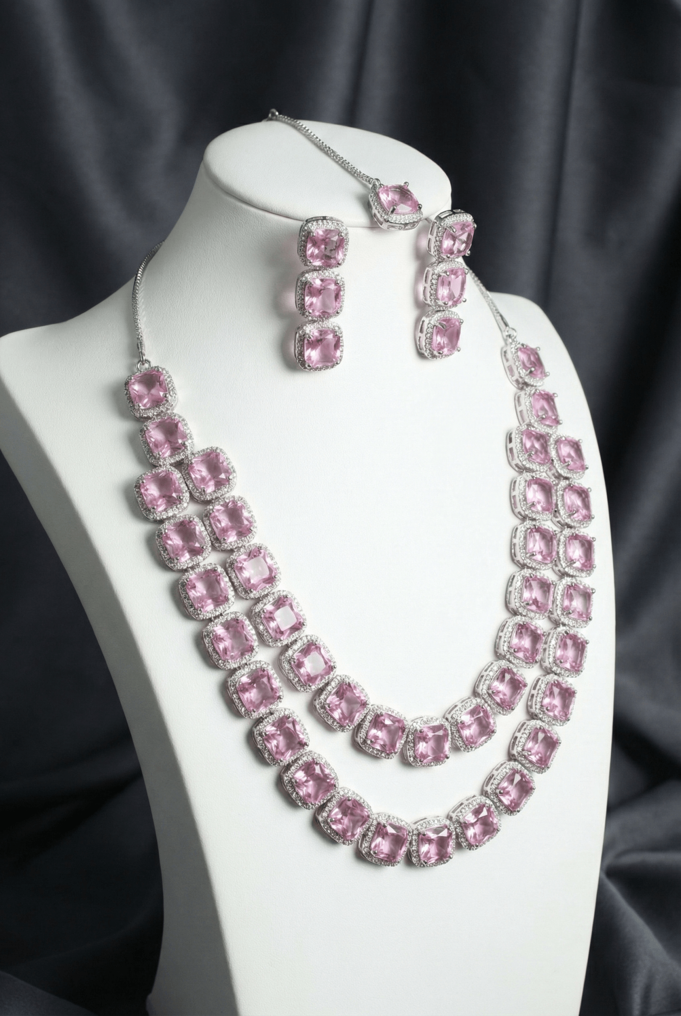 Blush Pink Long Cushion Cut Necklace Set | Luxury Layered Party Jewellery - Maxiblink