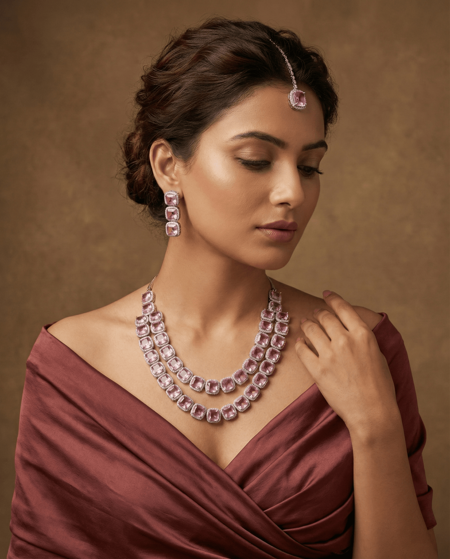 Blush Pink Long Cushion Cut Necklace Set | Luxury Layered Party Jewellery - Maxiblink
