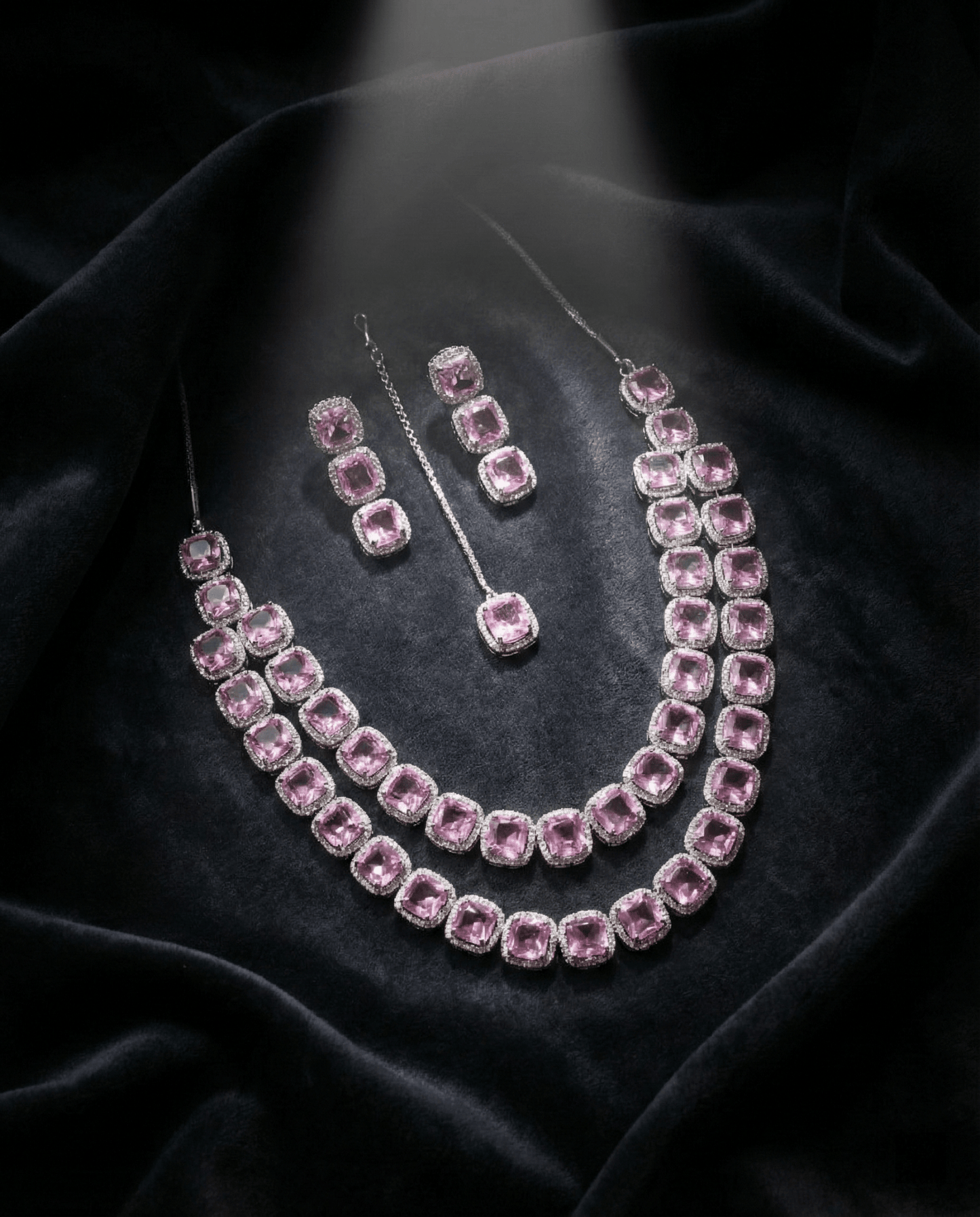 Blush Pink Long Cushion Cut Necklace Set | Luxury Layered Party Jewellery - Maxiblink