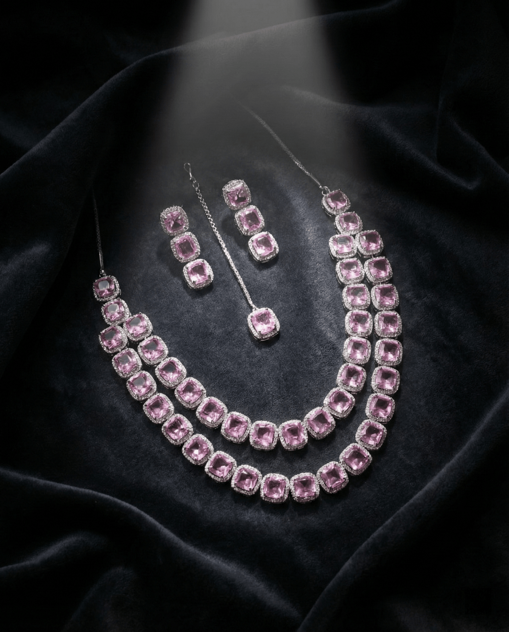 Blush Pink Long Cushion Cut Necklace Set | Luxury Layered Party Jewellery - Maxiblink