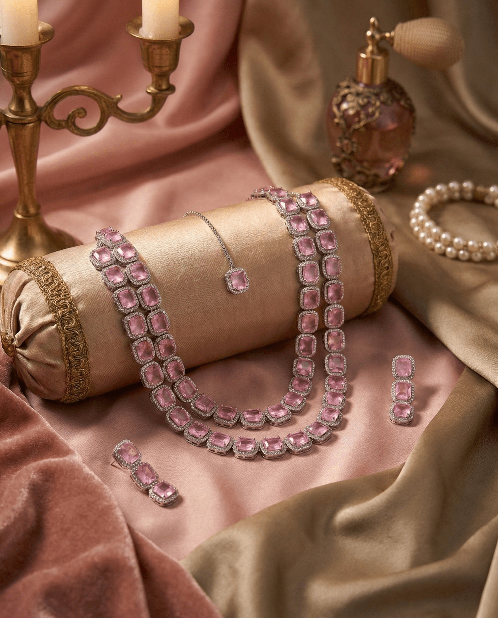 Blush Pink Long Cushion Cut Necklace Set | Luxury Layered Party Jewellery - Maxiblink