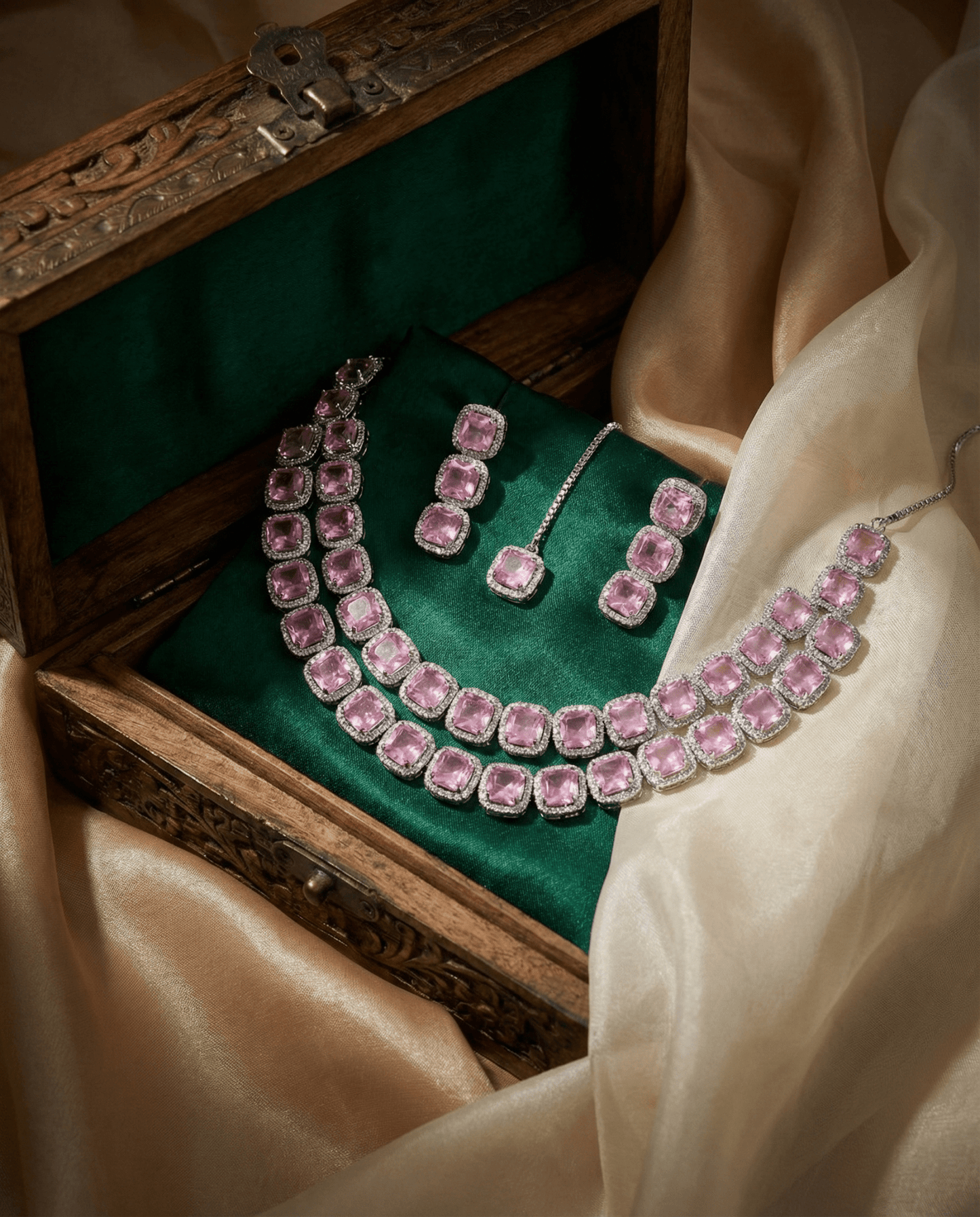 Blush Pink Long Cushion Cut Necklace Set | Luxury Layered Party Jewellery - Maxiblink